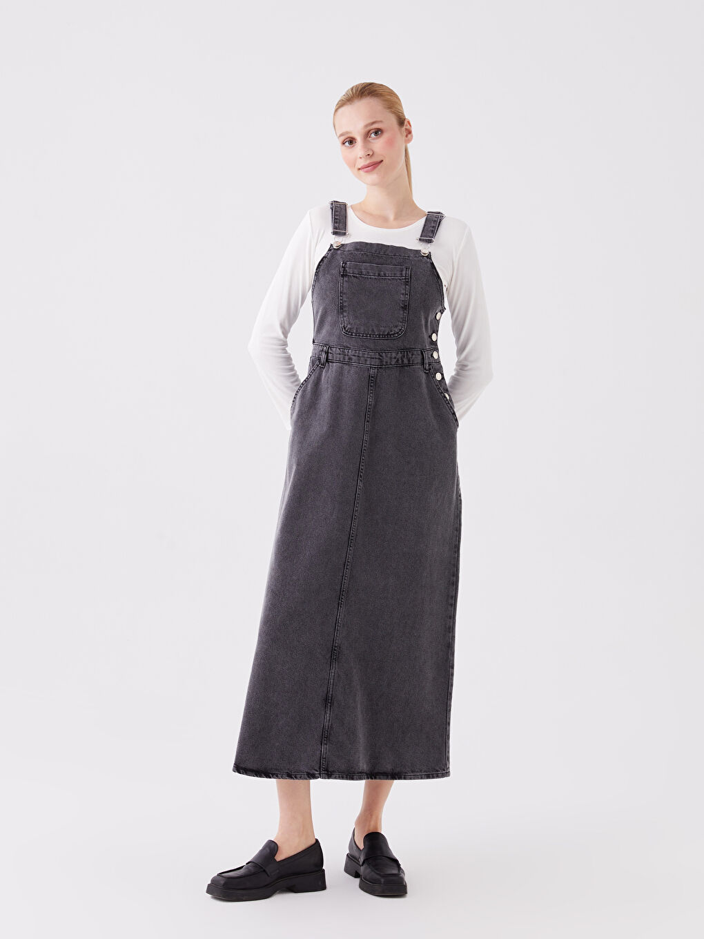 LCW Modest Dark Grey Rodeo Kare Yaka Düz Askılı Kadın Jean Elbise