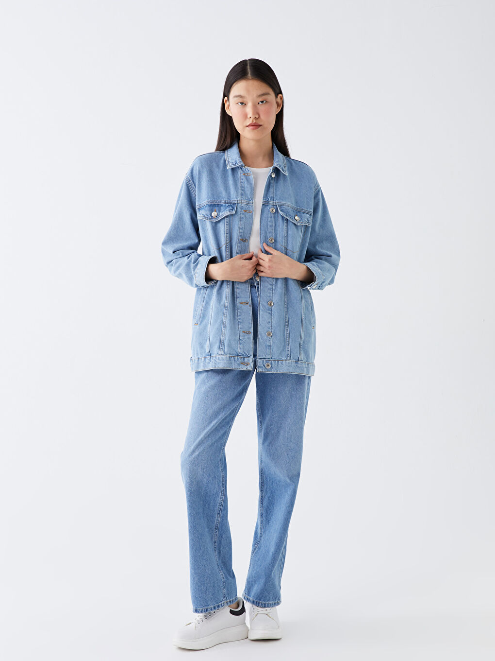 LCW Modest Orta İndigo Rodeo Gömlek Yaka Oversize Kadın Jean Ceket - 2