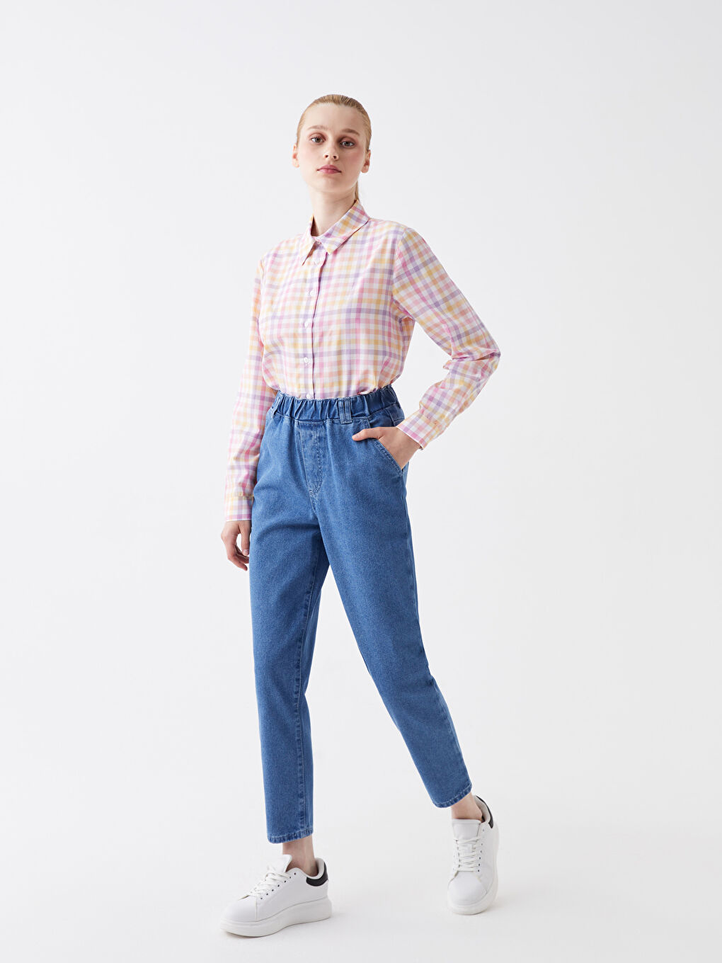 LCW Modest Orta İndigo Rodeo Beli Lastikli Straight Fit Kadın Jean Pantolon