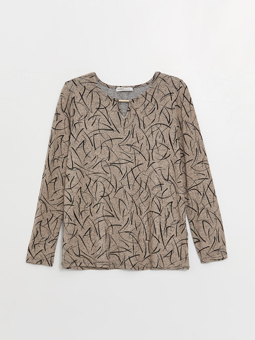 Bej Bisiklet Yaka Desenli Uzun Kollu Kadın Bluz-5