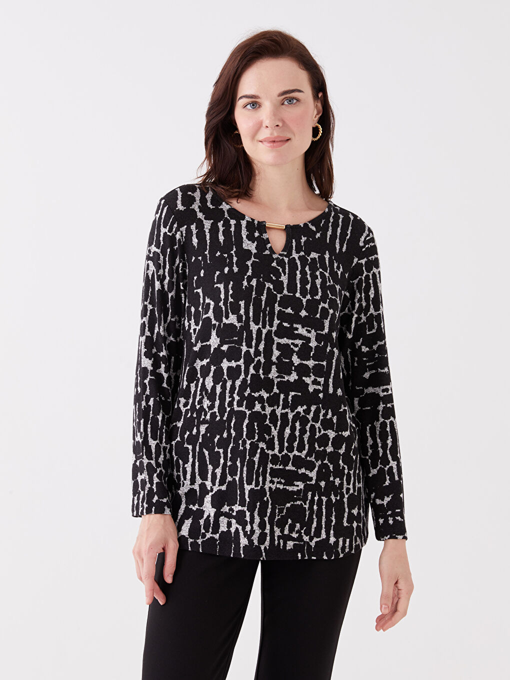 Crew Neck Patterned Long Sleeve Women's Blouse-1