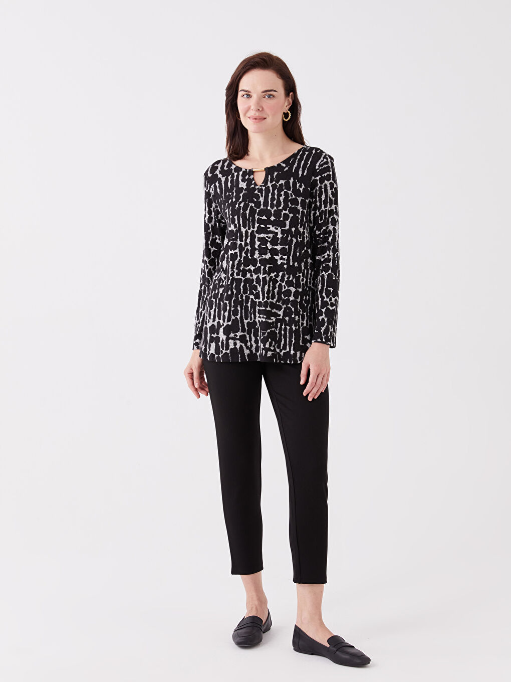Crew Neck Patterned Long Sleeve Women's Blouse-2