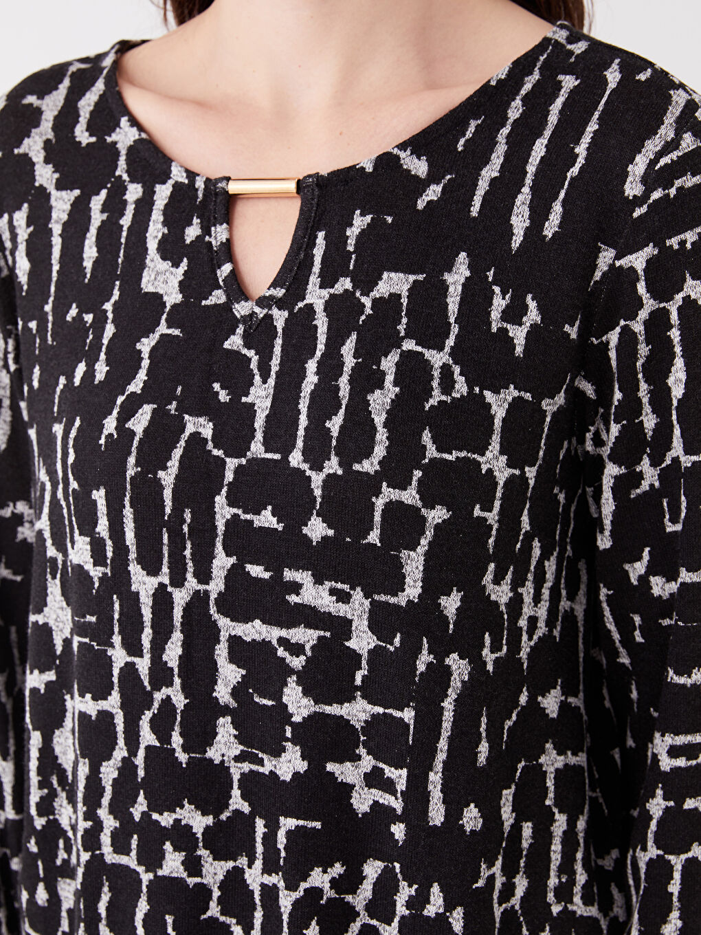 Crew Neck Patterned Long Sleeve Women's Blouse-3