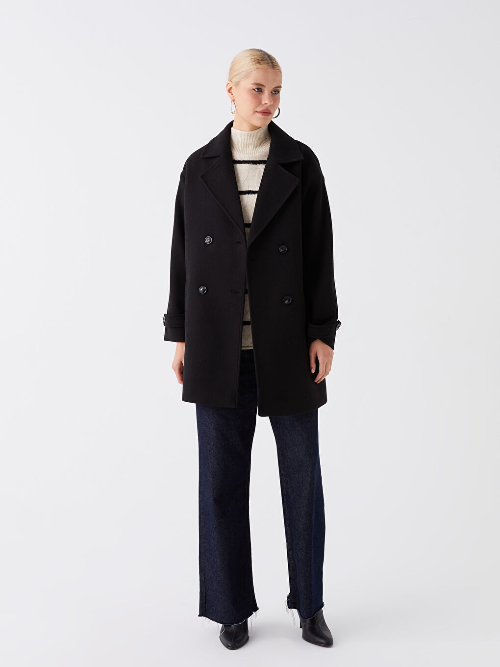 Siyah Ceket Yaka Kadın Kaşe Kaban-1