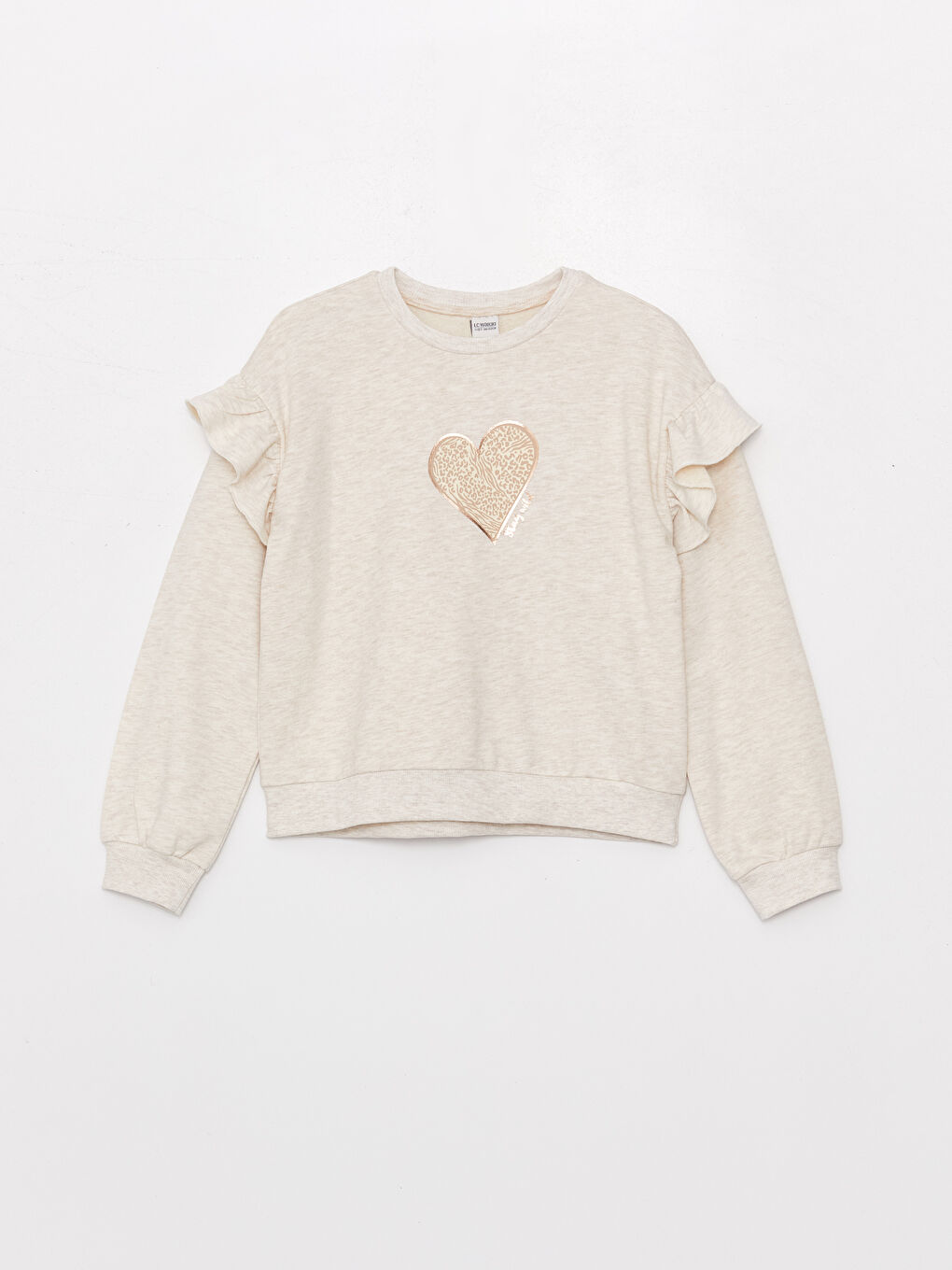 Ekru Bisiklet Yaka Baskılı Uzun Kollu Kız Çocuk Sweatshirt ve Tayt-1