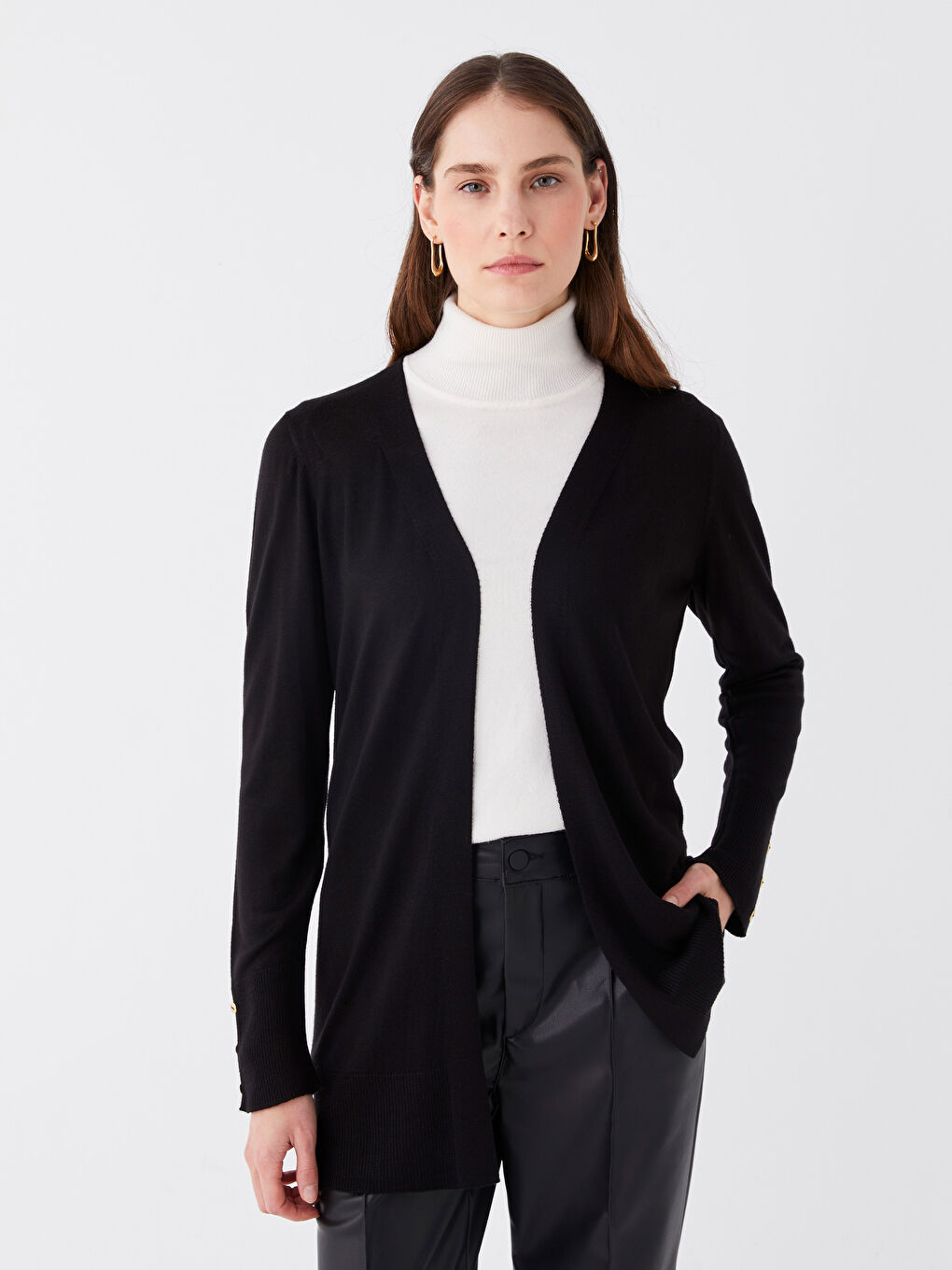 Cardigan en Tricot à Col Châle Uni à Manches Longues pour Femmes-1