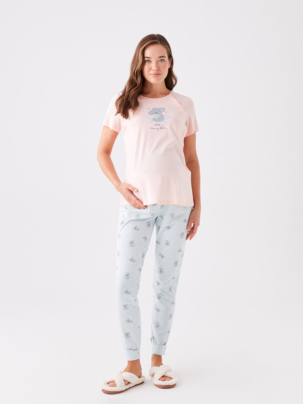 LCW DREAM Pastel Mavi Baskılı Bisiklet Yaka Baskılı Kısa Kollu Hamile Pijama Takımı