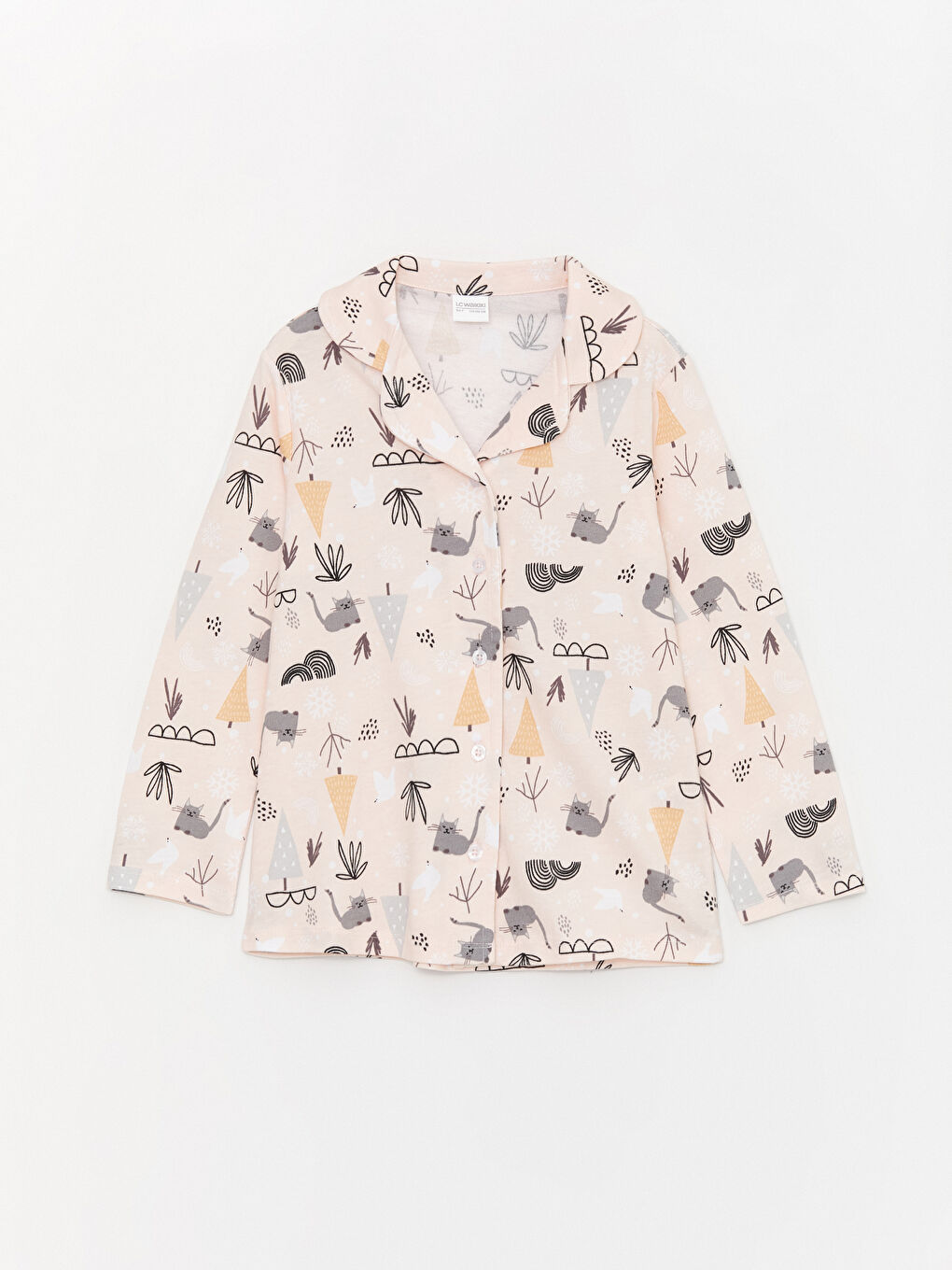 طقم بيجاما للبنات كم طويل منقوش بياقة قميص-1