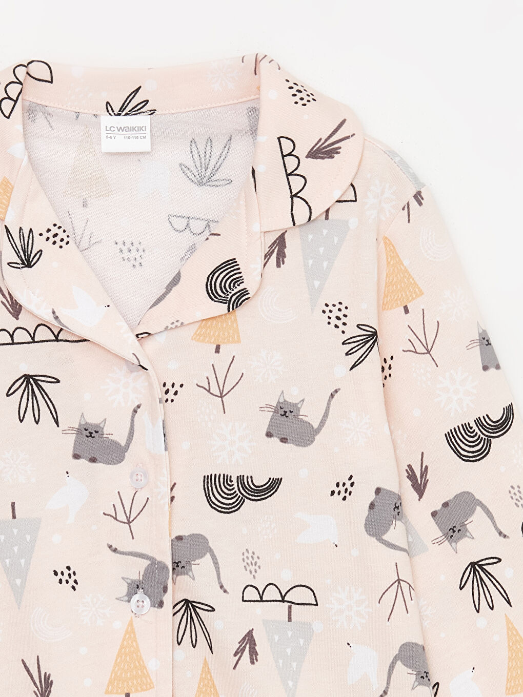 طقم بيجاما للبنات كم طويل منقوش بياقة قميص-2