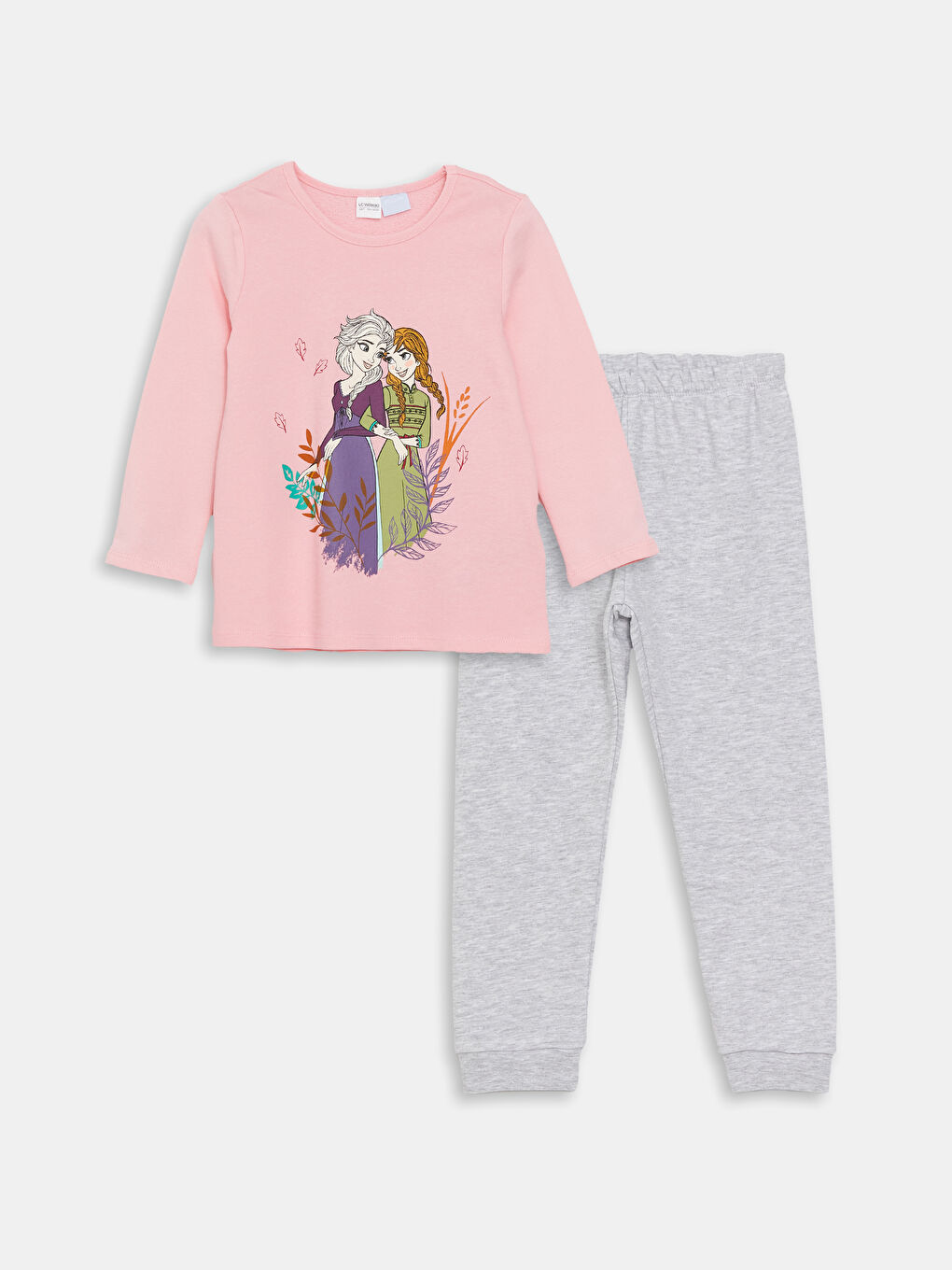 LCW Kids Pembe Bisiklet Yaka Elsa Baskılı Uzun Kollu Kız Çocuk Pijama Takımı