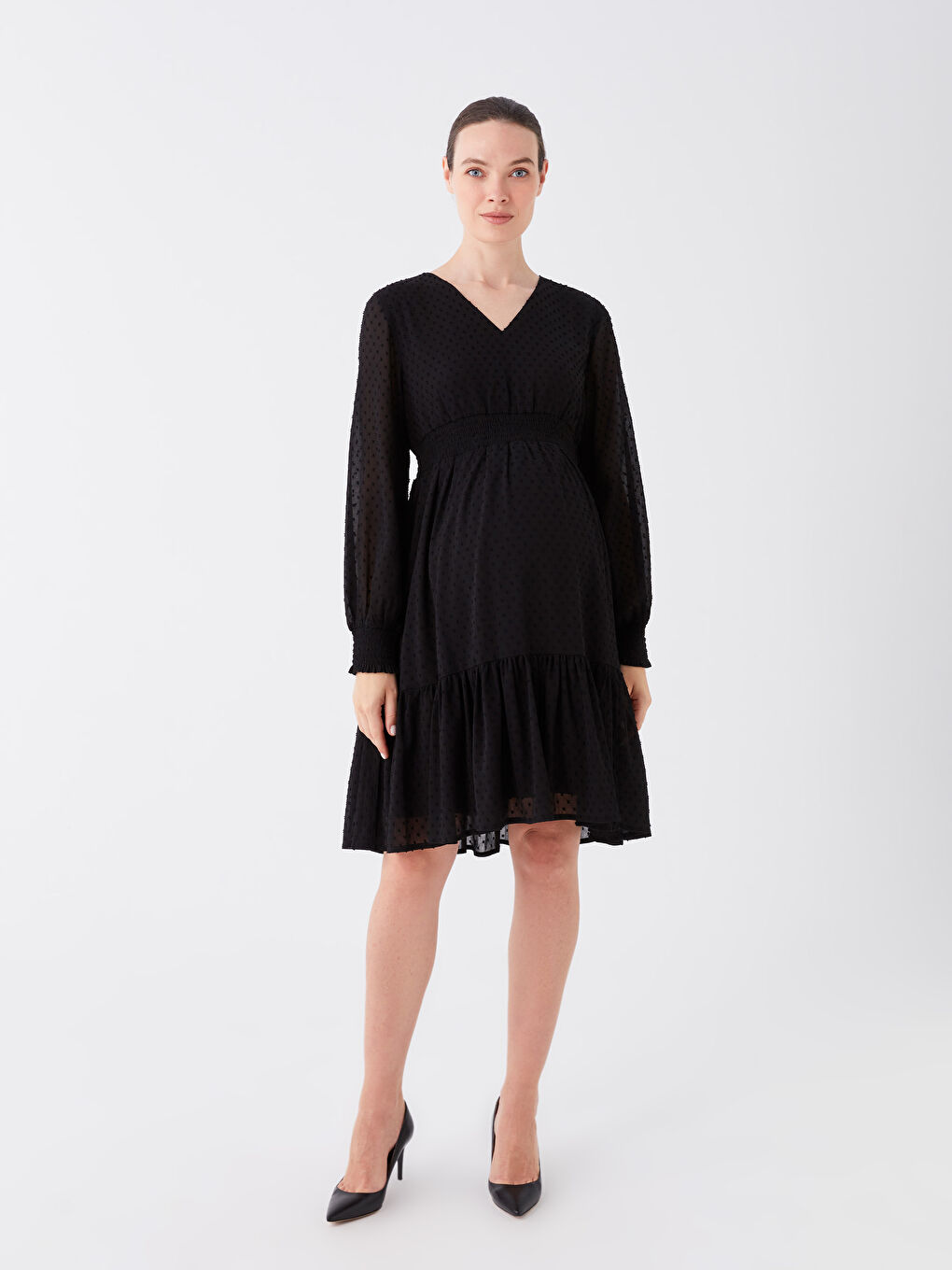 V Neck Self-Patterned Long Sleeve Maternity Dress