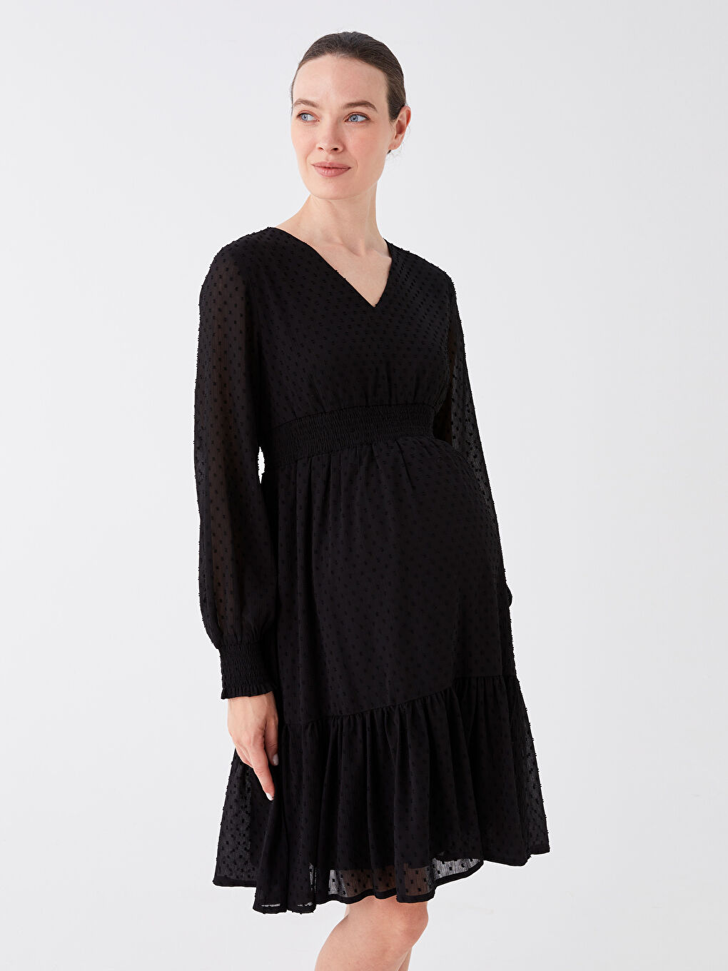 V Neck Self-Patterned Long Sleeve Maternity Dress-1