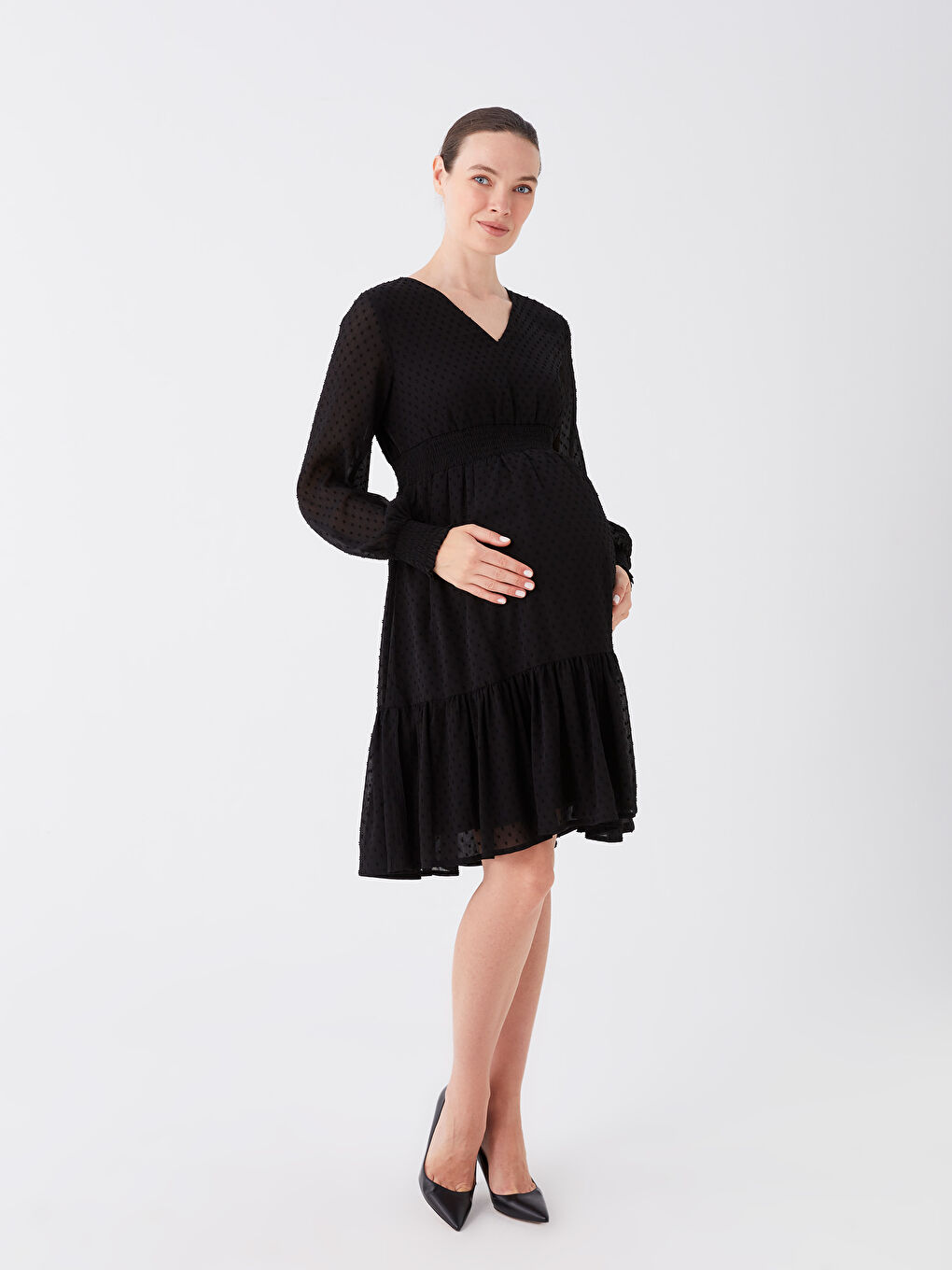 V Neck Self-Patterned Long Sleeve Maternity Dress-2