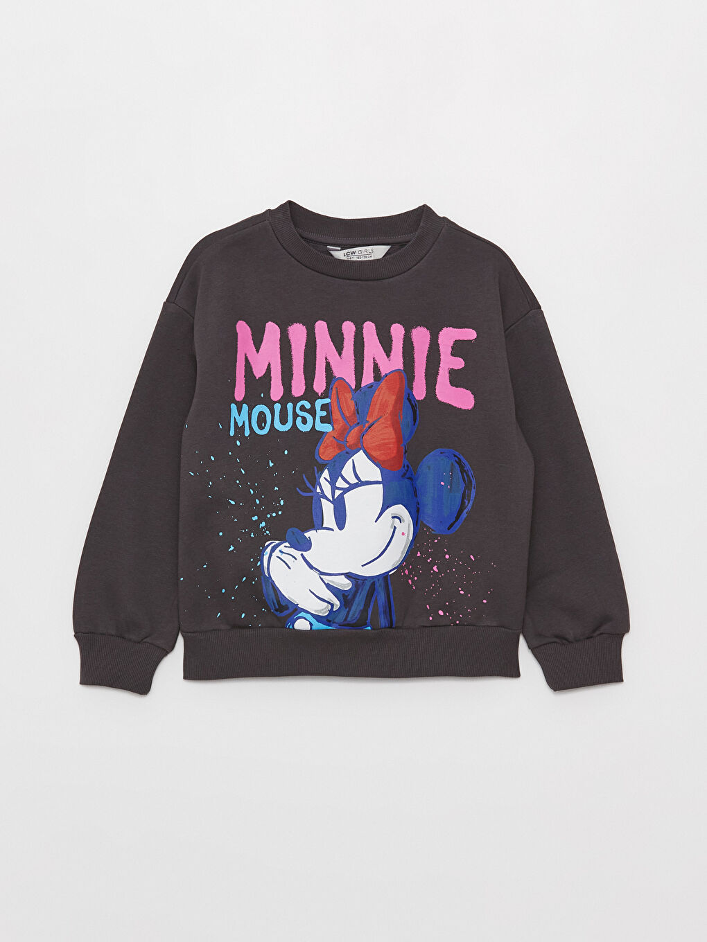 LCW Kids Antrasit Bisiklet Yaka Minnie Mouse Baskılı Uzun Kollu Kız Çocuk Sweatshirt