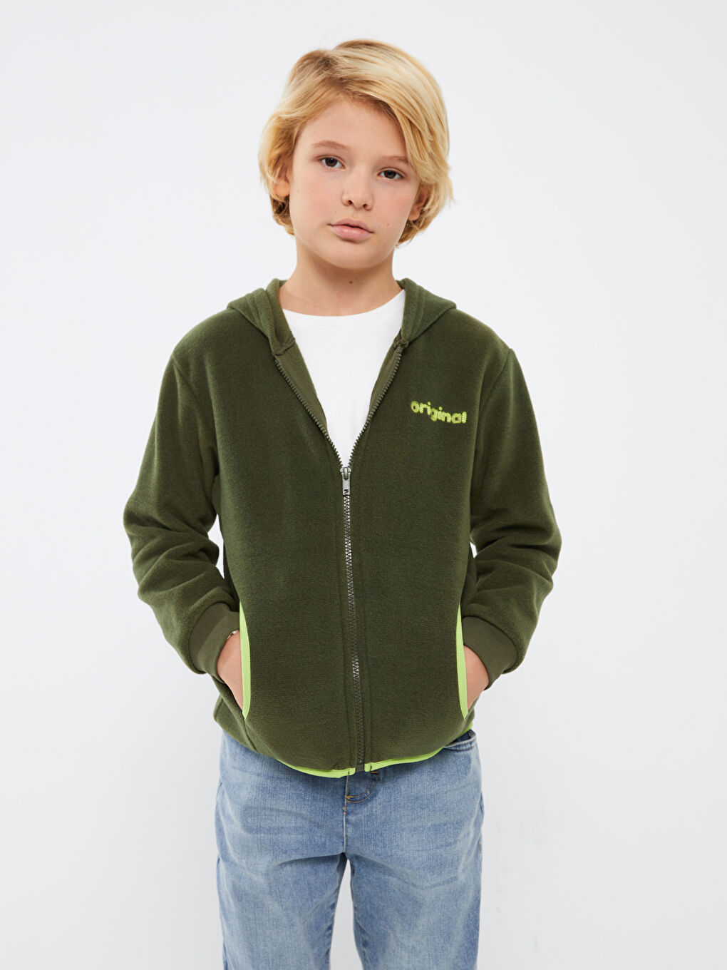 LCW Kids Yeşil Kapüşonlu Erkek Çocuk Polar Fermuarlı Sweatshirt - 1