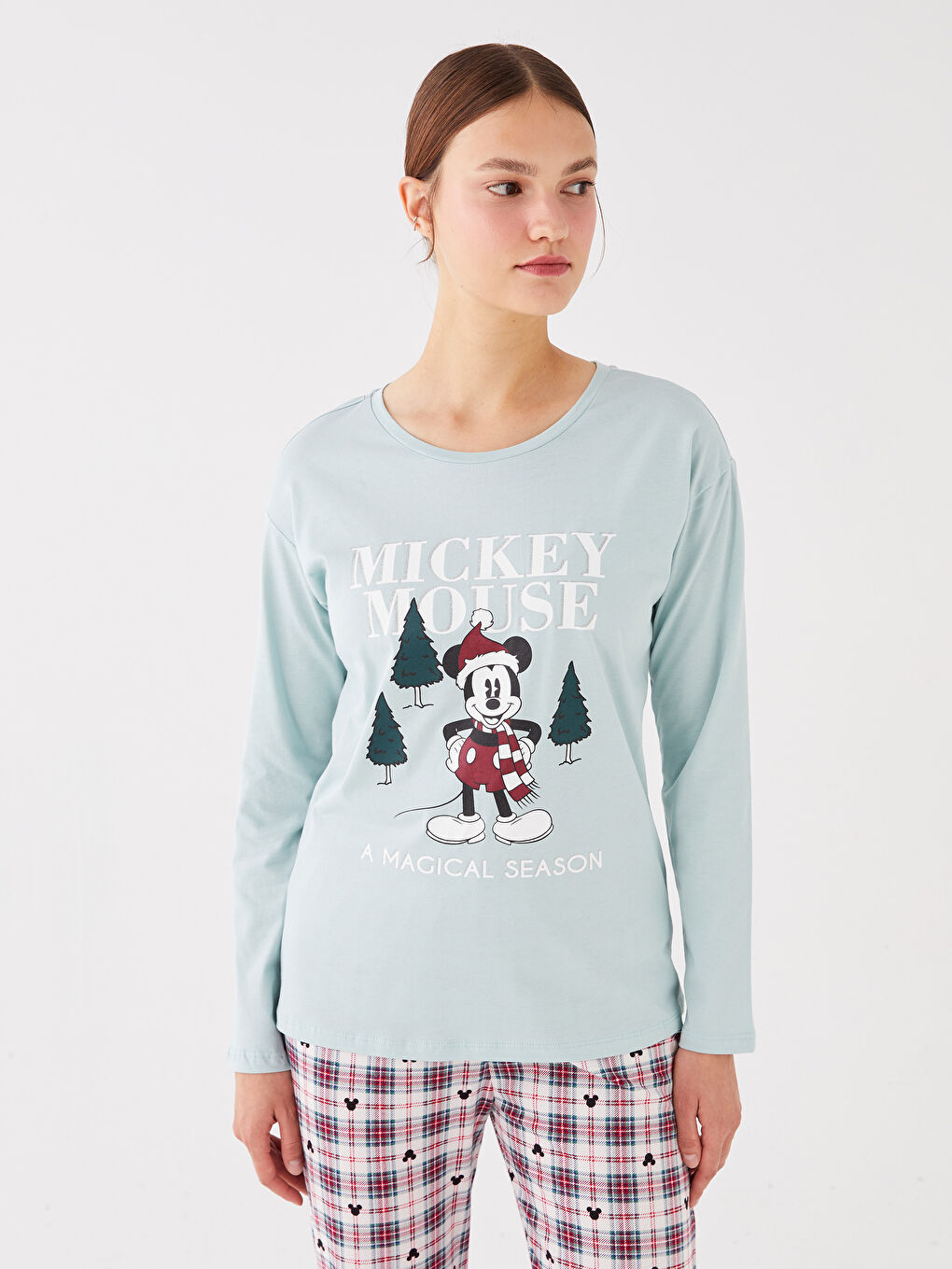 LCW DREAM Ekru Baskılı Bisiklet Yaka Mickey Mouse Baskılı Uzun Kollu Kadın Pijama Takımı - 1