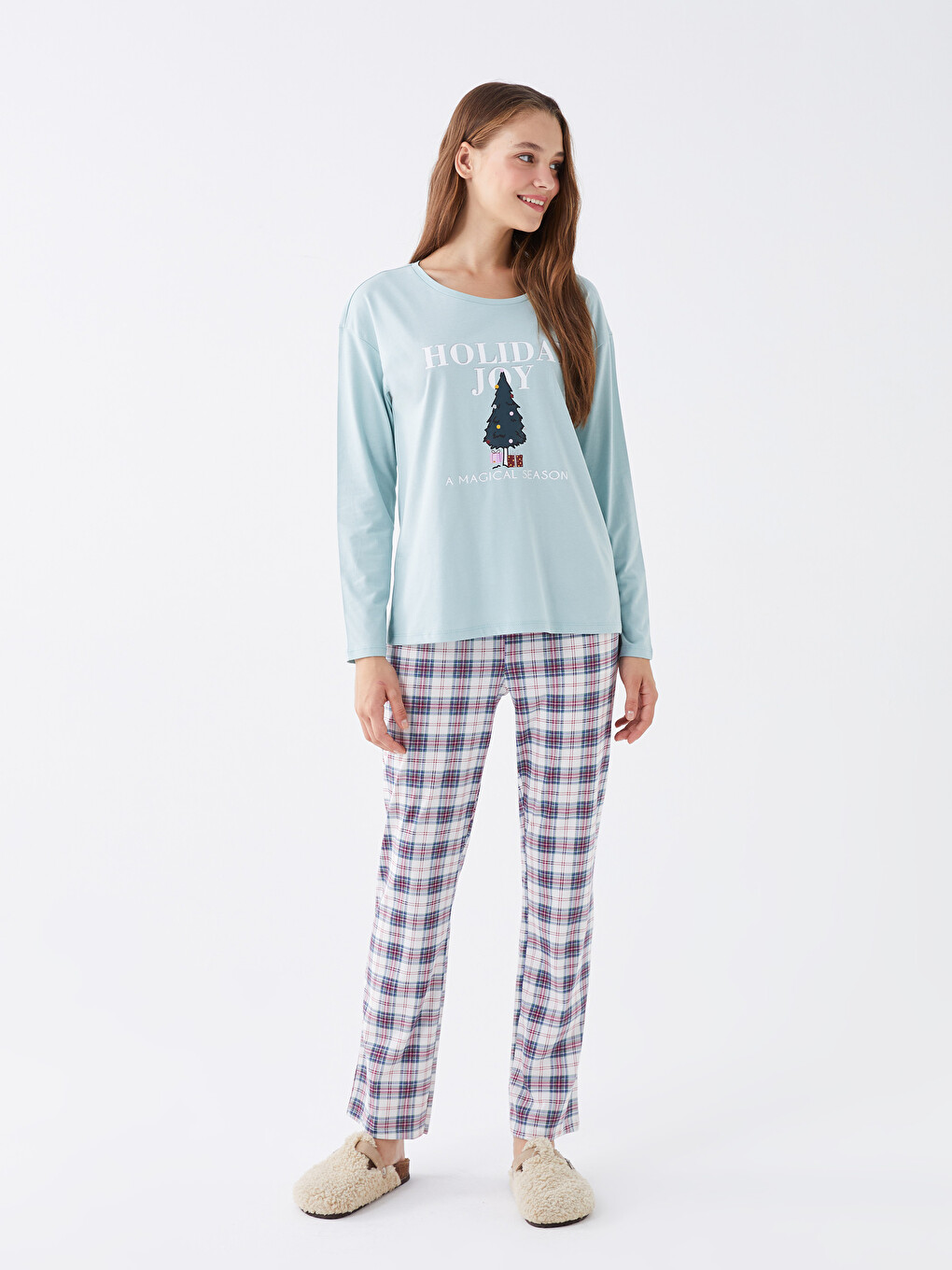 Crew Neck Printed Long Sleeve Women's Pyjama Set-1
