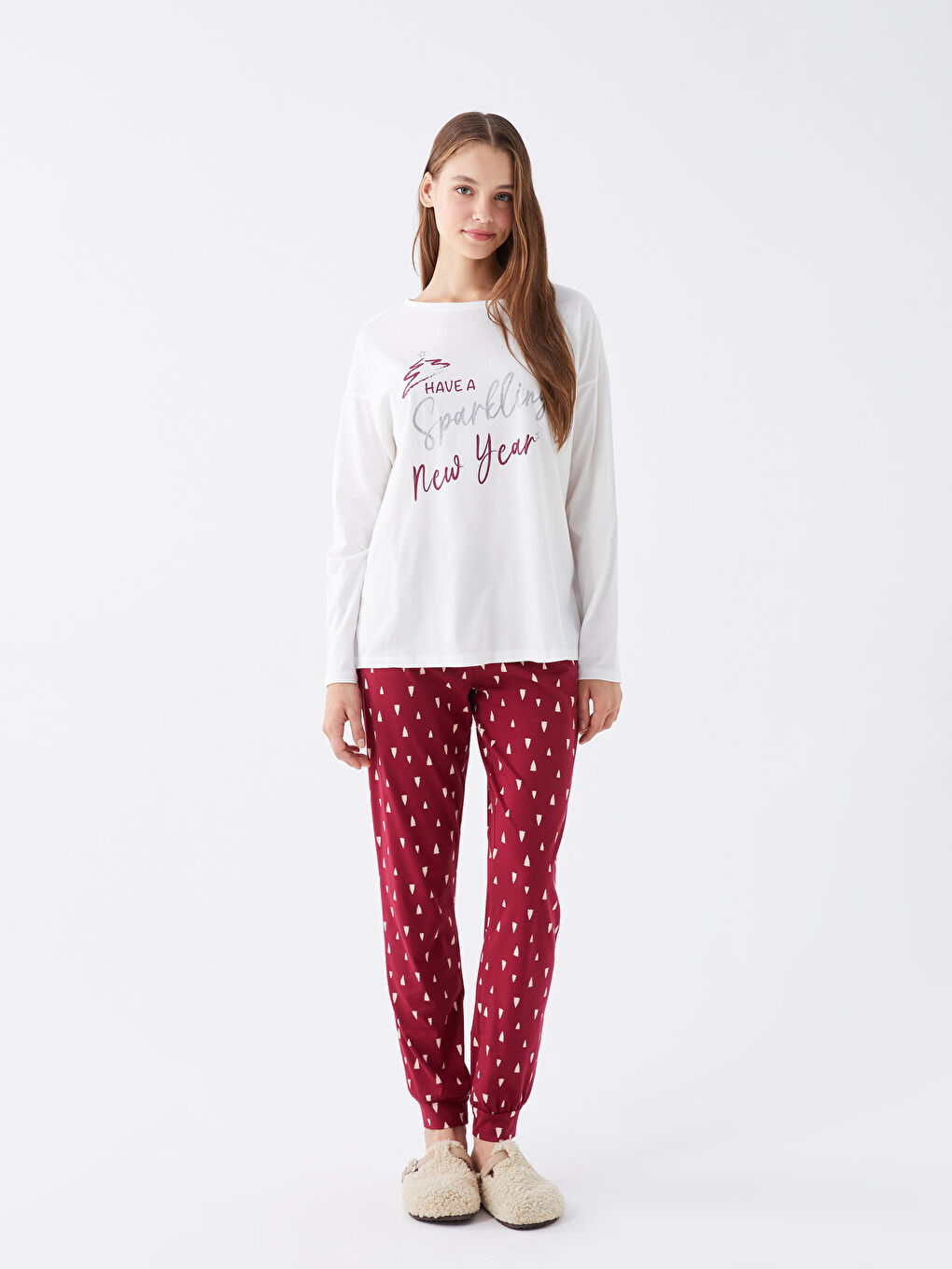Crew Neck Printed Long Sleeve Women's Pyjama Set-0