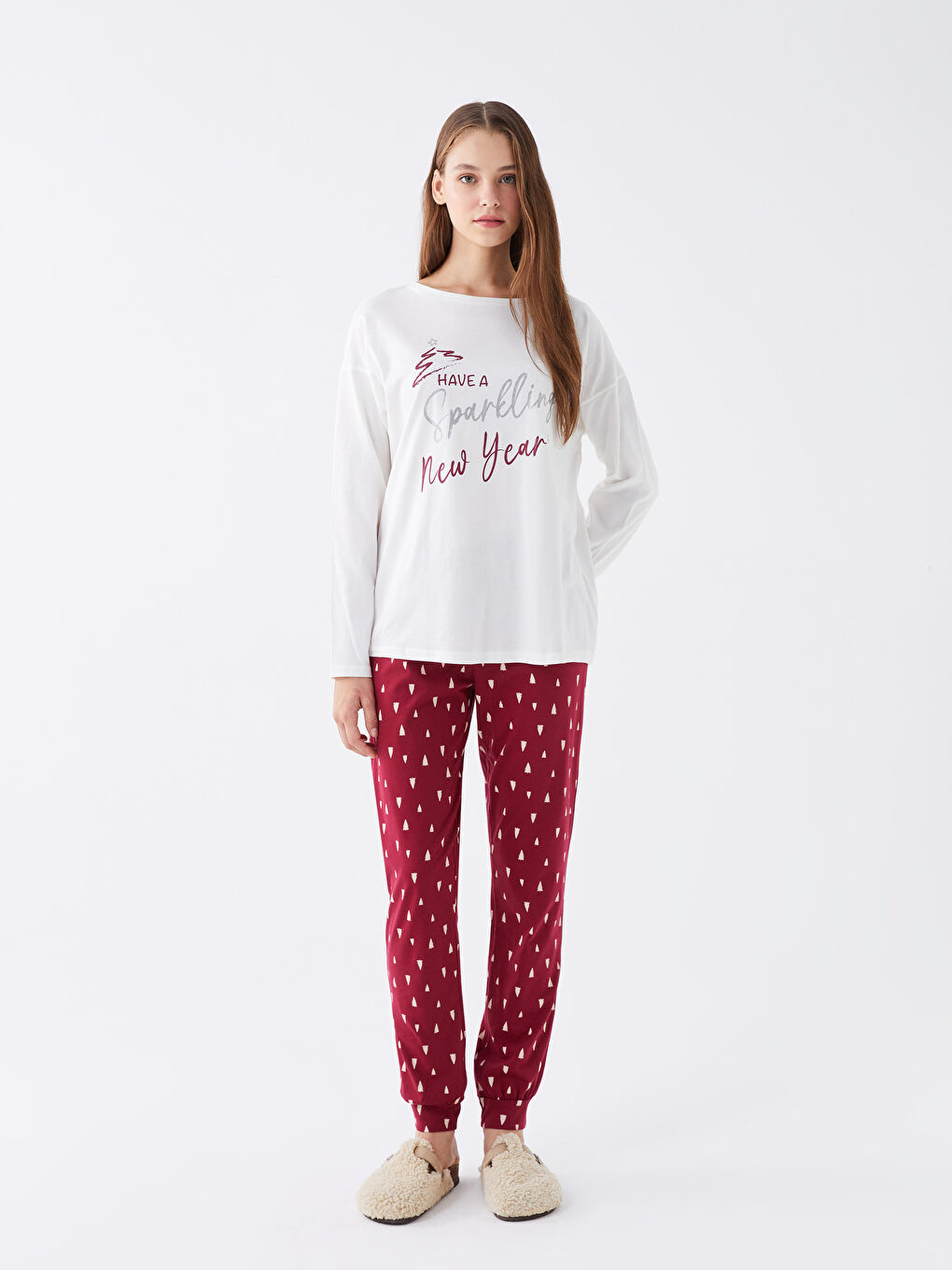 Crew Neck Printed Long Sleeve Women's Pyjama Set-1
