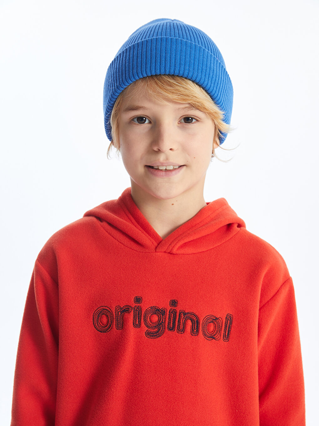 LCW Kids Canlı Turuncu Nakışlı Uzun Kollu Polar Erkek Çocuk Hoodie