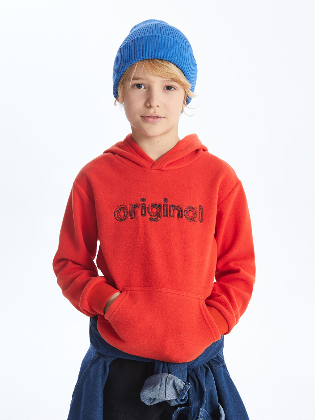 LCW Kids Canlı Turuncu Nakışlı Uzun Kollu Polar Erkek Çocuk Hoodie - 1