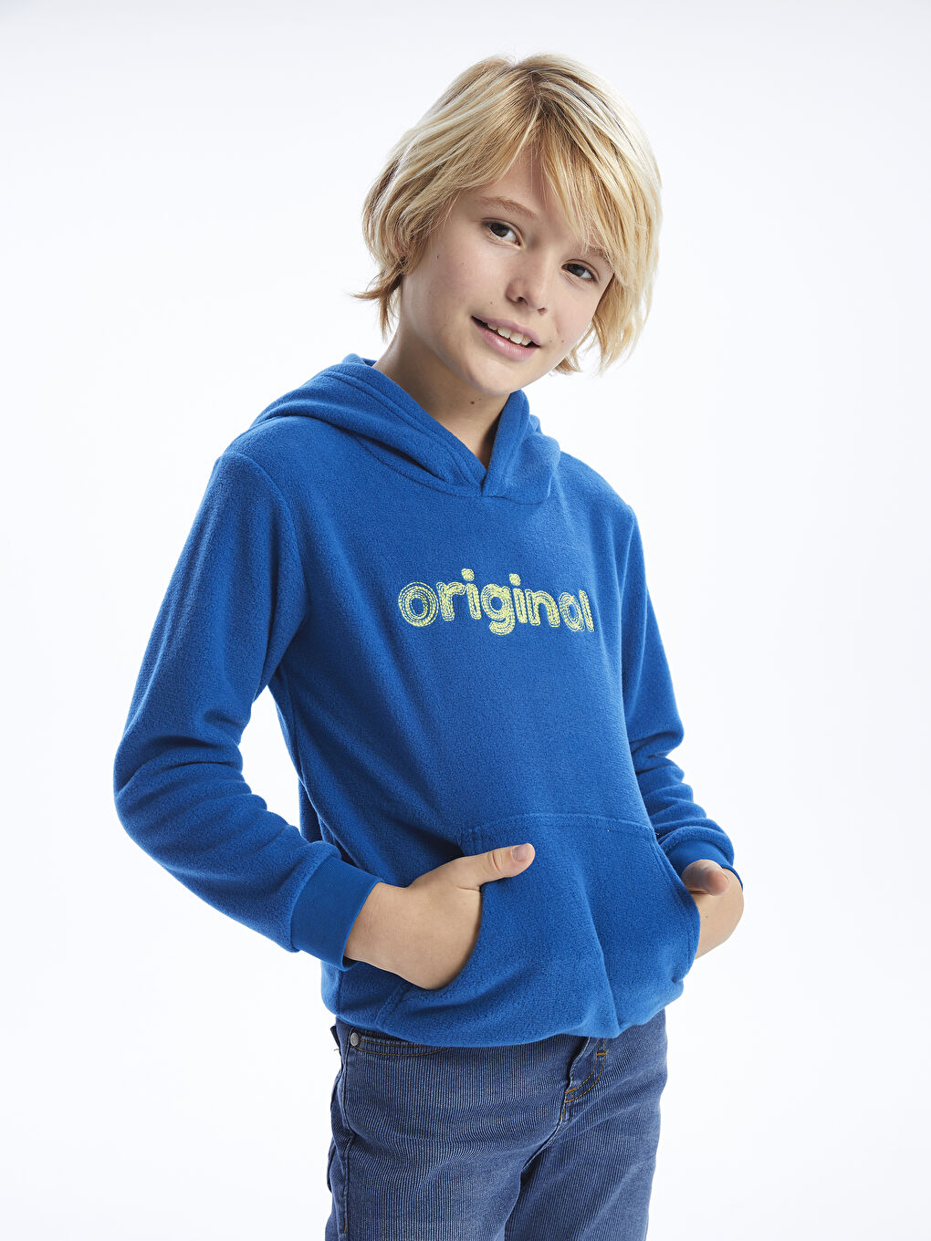 LCW Kids Orta Mavi Nakışlı Uzun Kollu Polar Erkek Çocuk Hoodie - 2