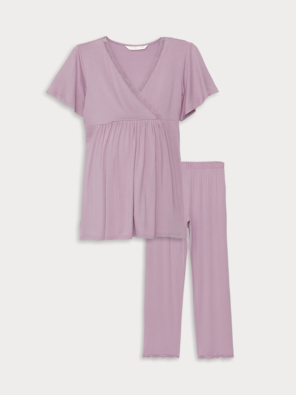 Lila V Yaka Dantel Detaylı Kısa Kollu Hamile Pijama Takımı