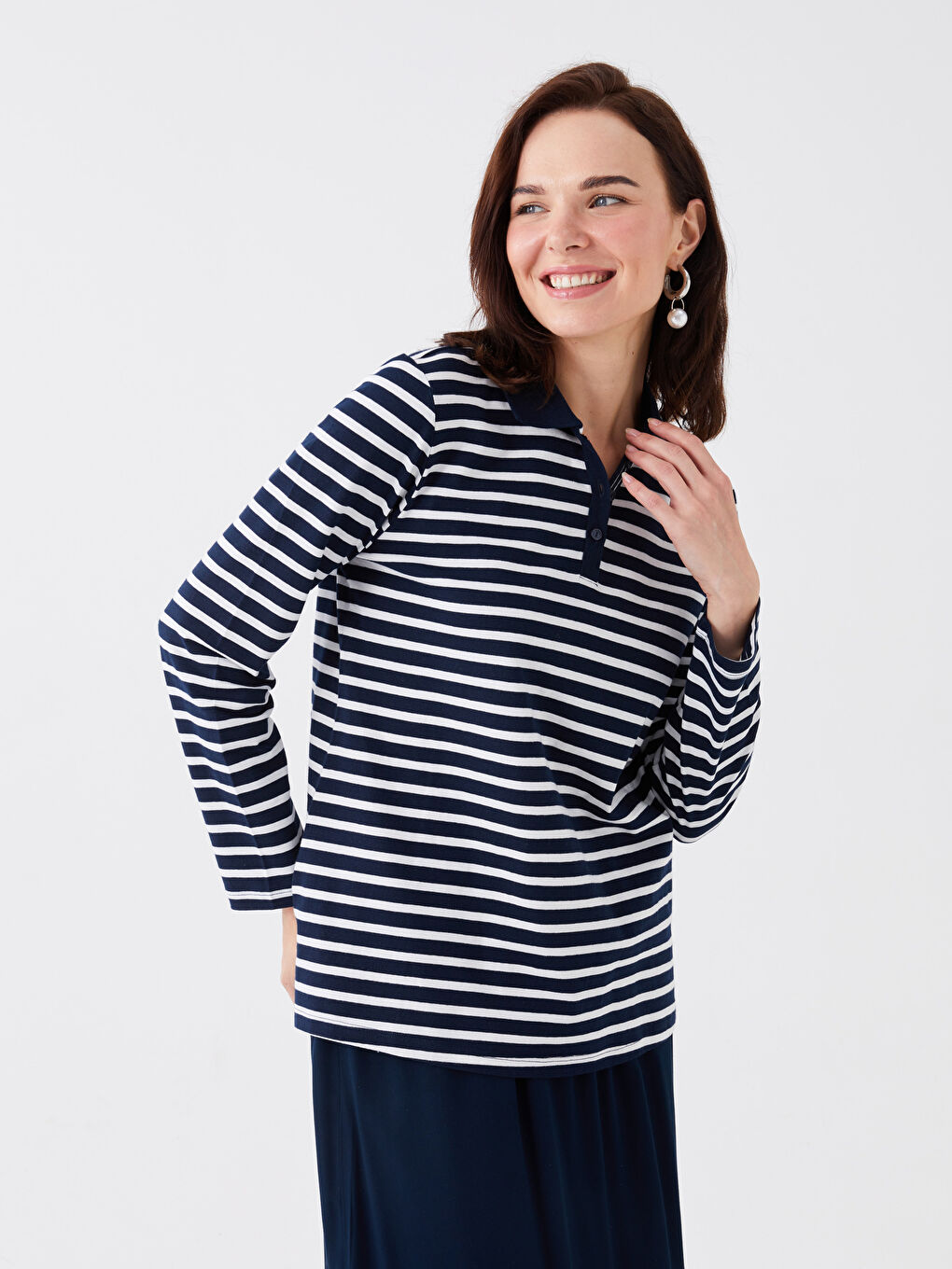 Polo Neck Striped Long Sleeve Women's Sweatshirt
