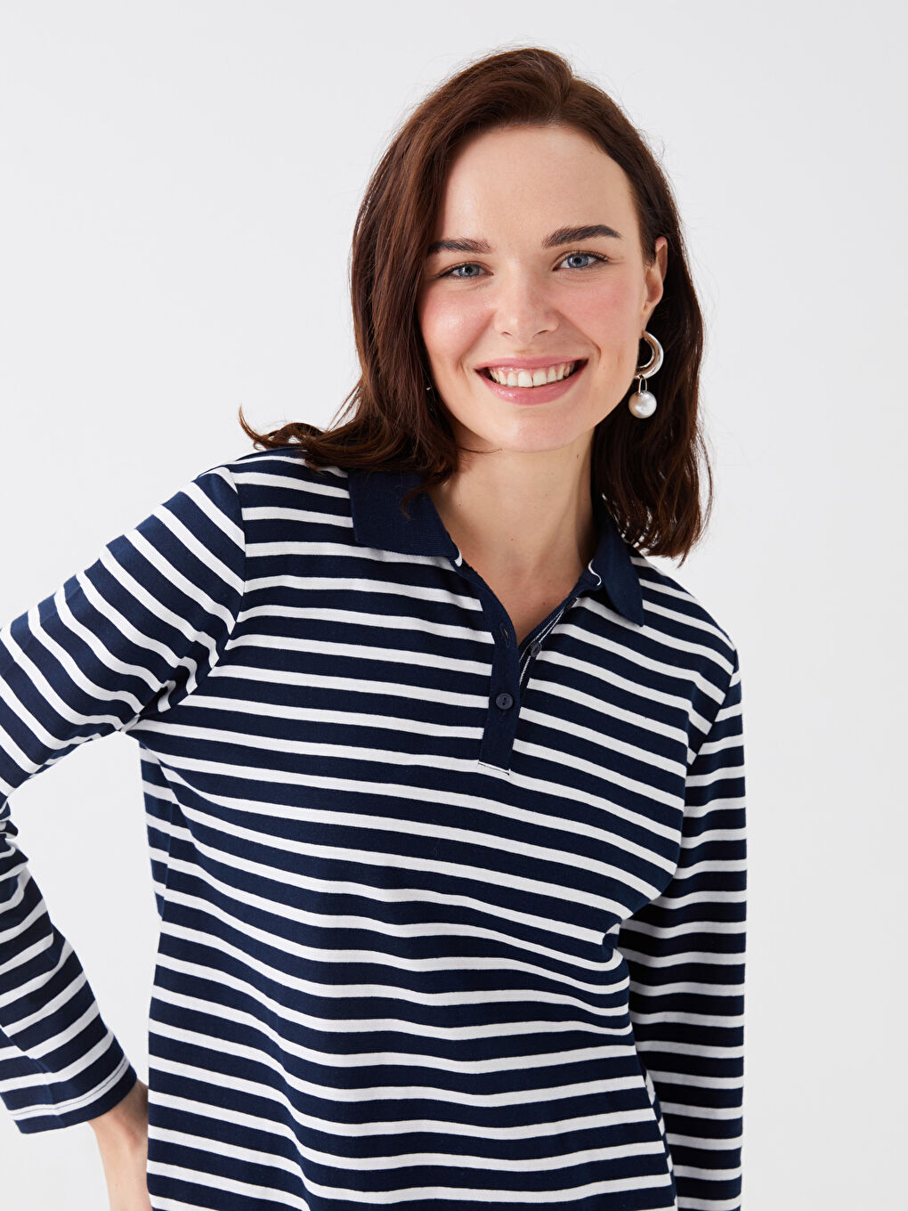 Polo Neck Striped Long Sleeve Women's Sweatshirt-2