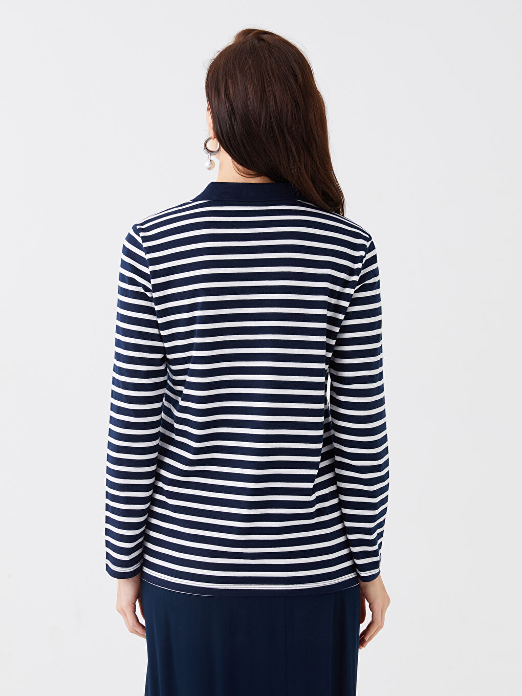 Polo Neck Striped Long Sleeve Women's Sweatshirt-5