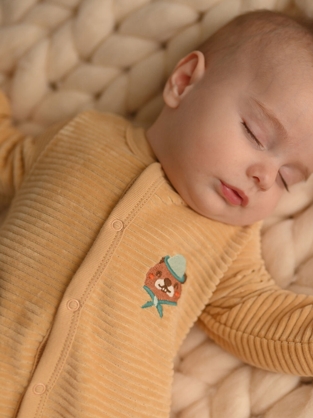 Bej Bisiklet Yaka Uzun Kollu Erkek Bebek Tulum-2