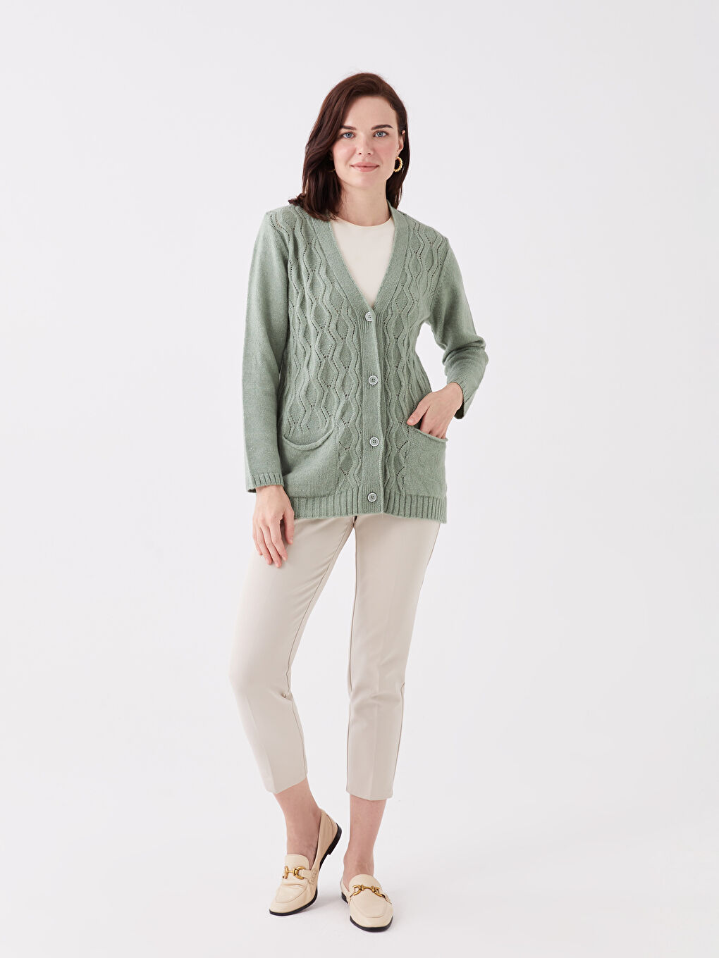 Yeşil V Yaka Kendinden Desenli Uzun Kollu Kadın Triko Hırka-2