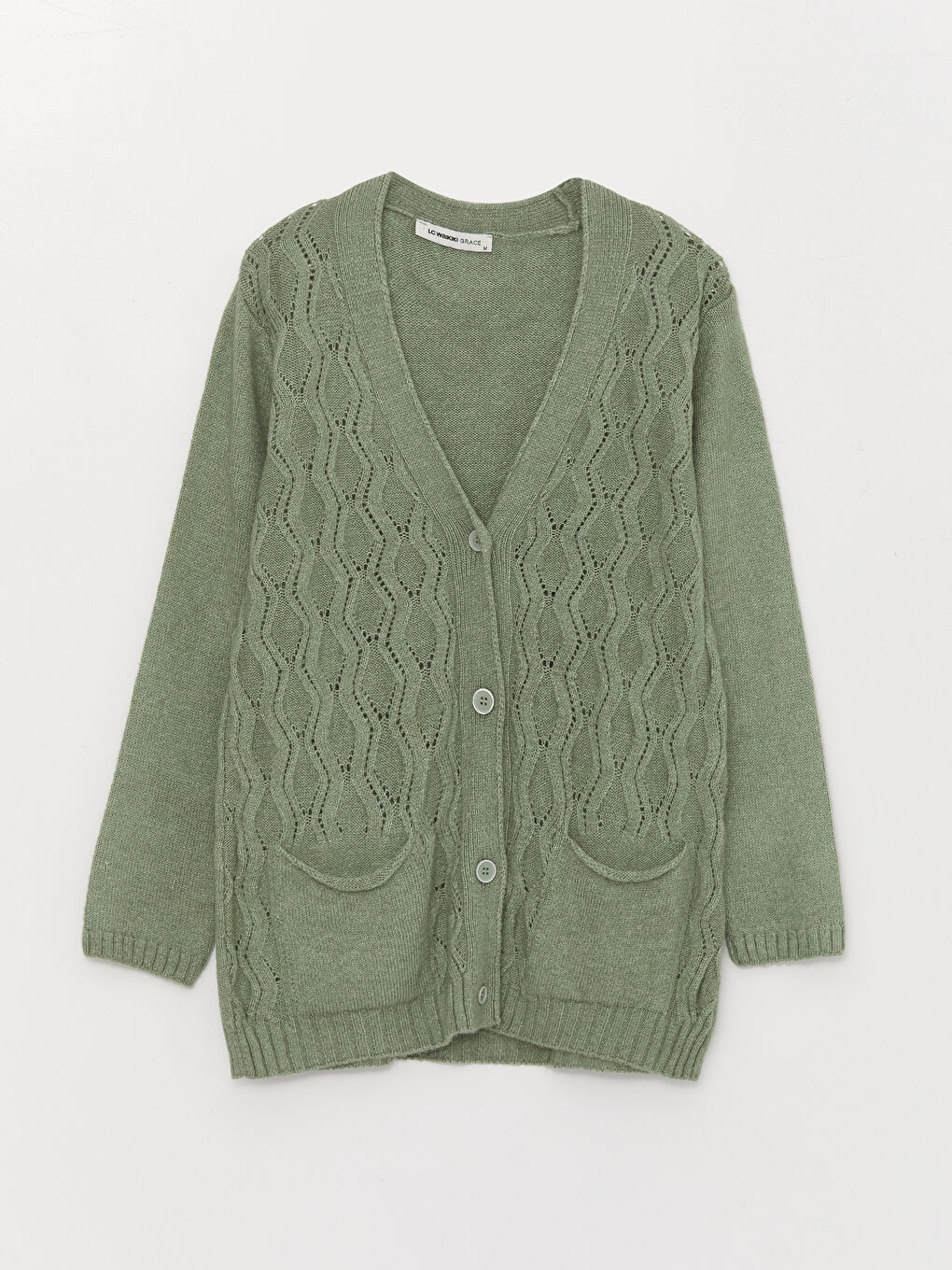 Yeşil V Yaka Kendinden Desenli Uzun Kollu Kadın Triko Hırka-5