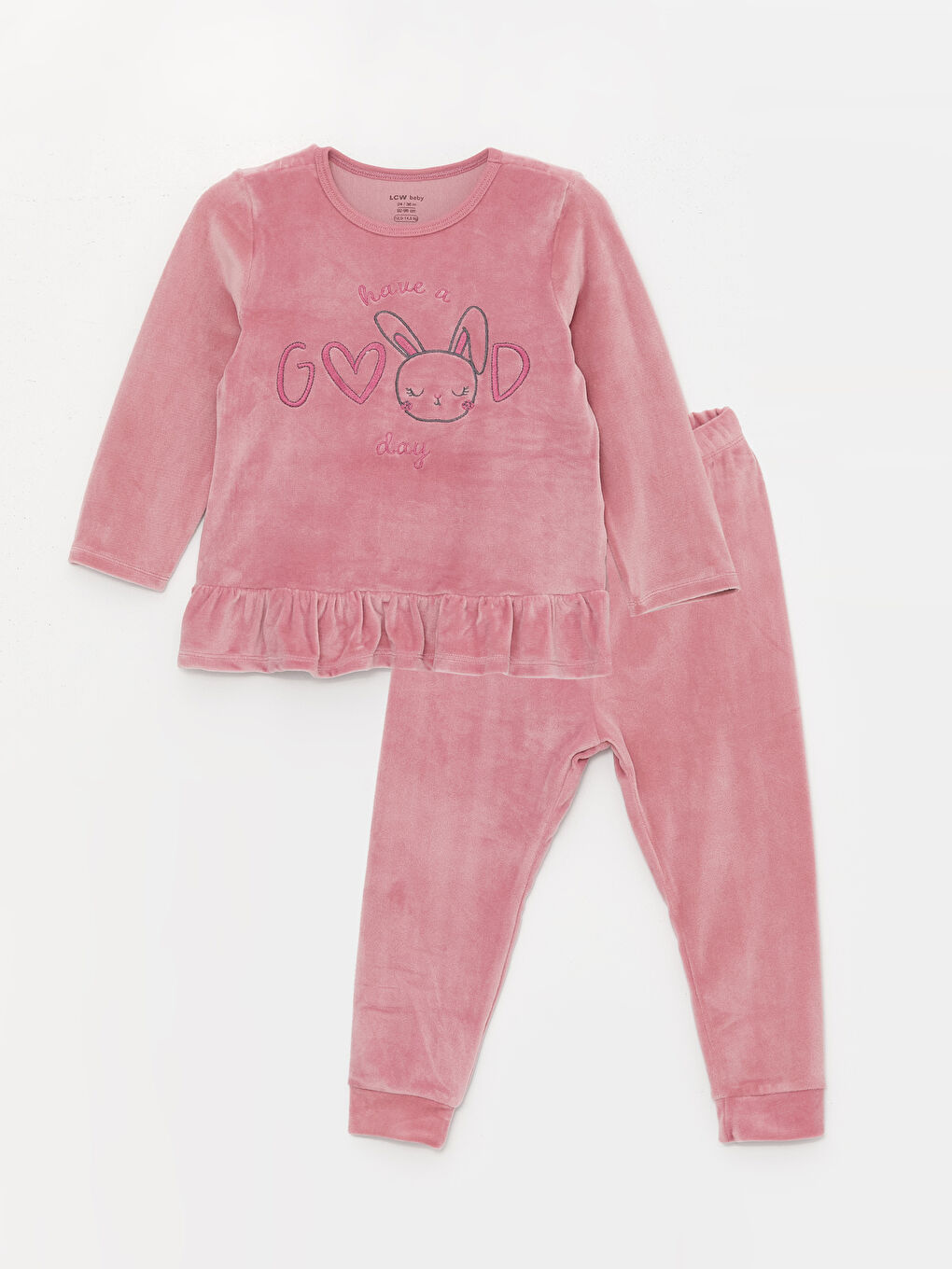 LCW baby Pembe Bisiklet Yaka Uzun Kollu Nakışlı Kadife Kız Bebek Pijama Takımı