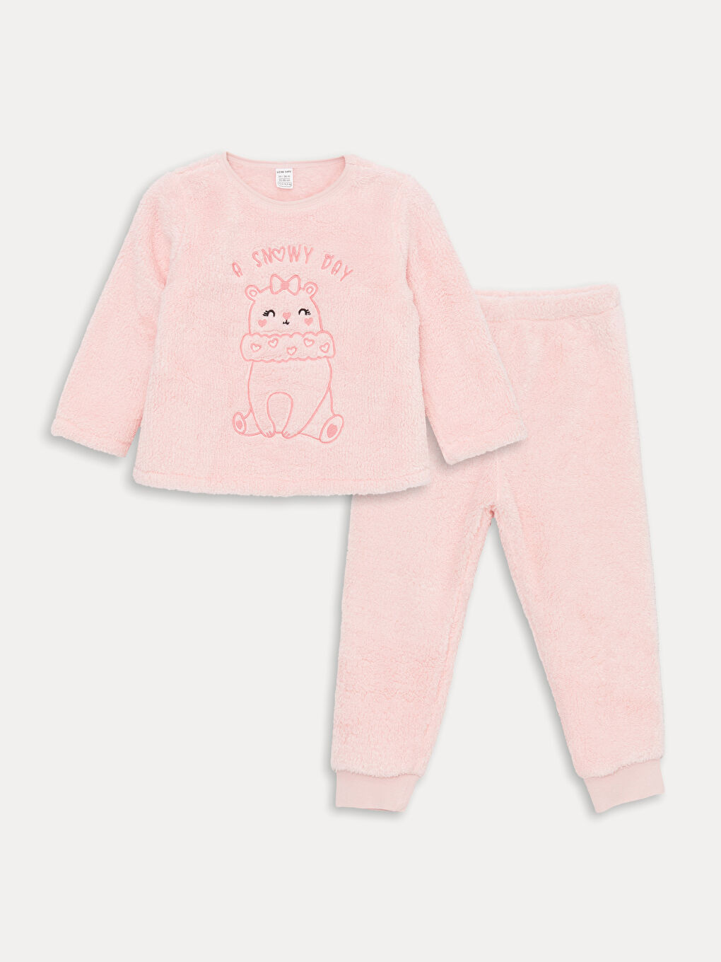 LCW baby Pembe Bisiklet Yaka Uzun Kollu Nakışlı Pelüş Kız Bebek Pijama Takımı