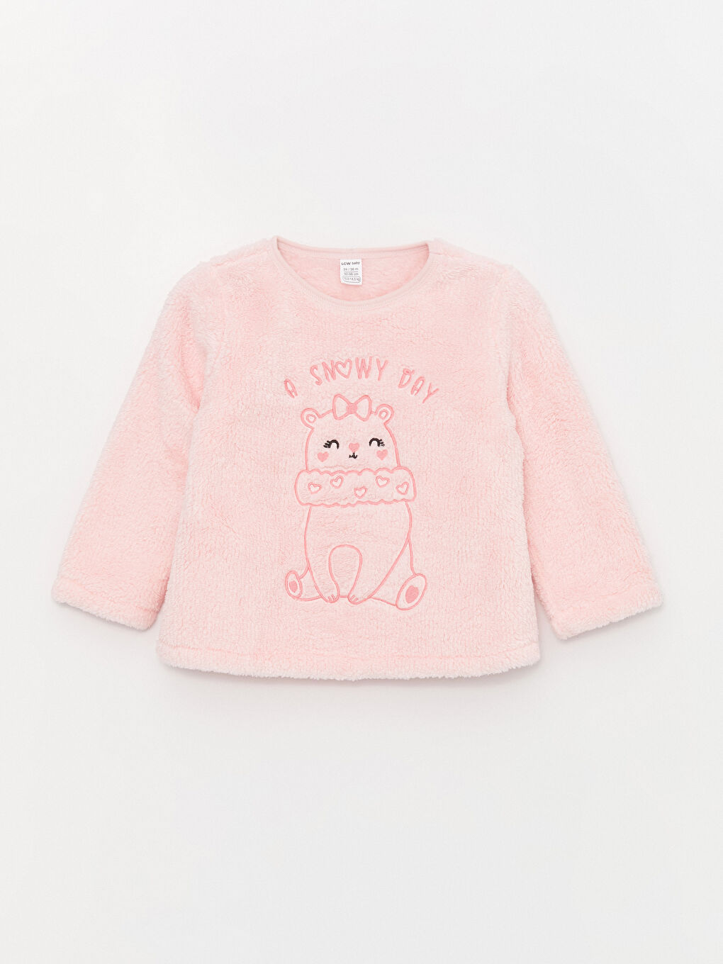 LCW baby Pembe Bisiklet Yaka Uzun Kollu Nakışlı Pelüş Kız Bebek Pijama Takımı - 1