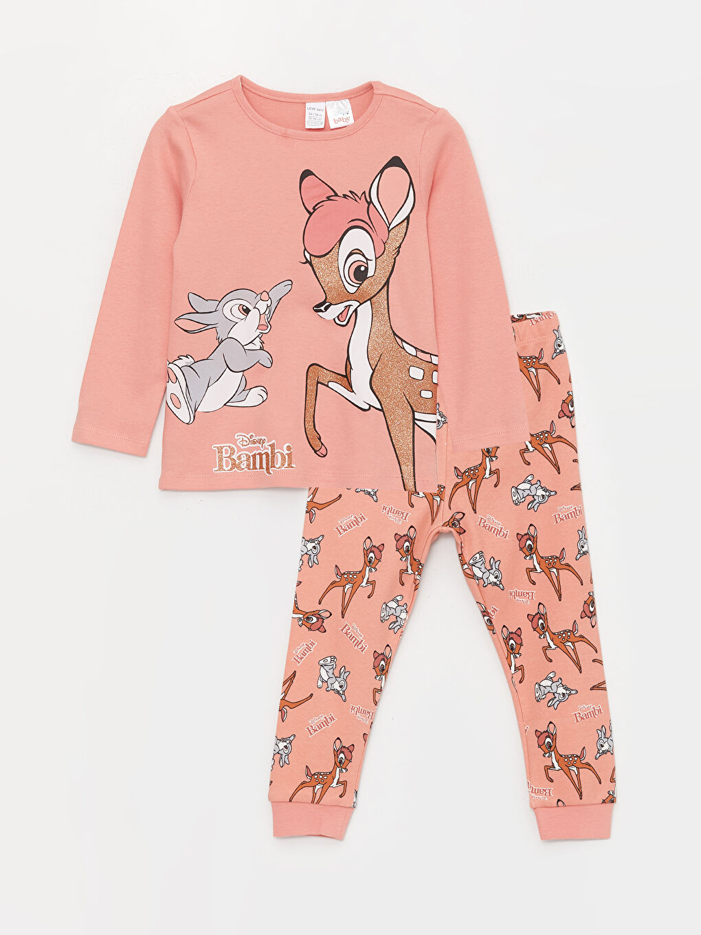 LCW baby Pembe Bisiklet Yaka Uzun Kollu Bambi Baskılı Kız Bebek Pijama Takımı