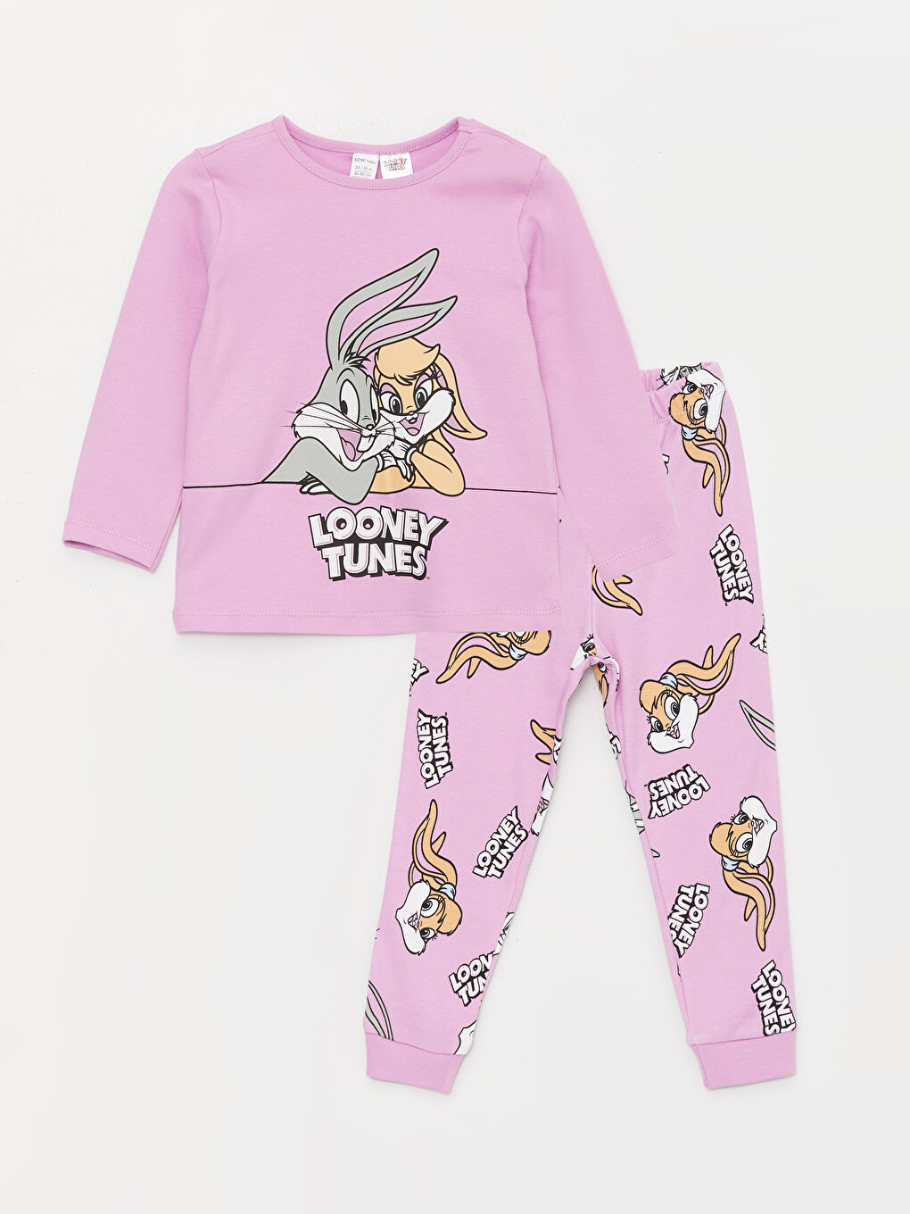 Crew Neck Long Sleeve Looney Tunes Printed Baby Girl Pajama Set