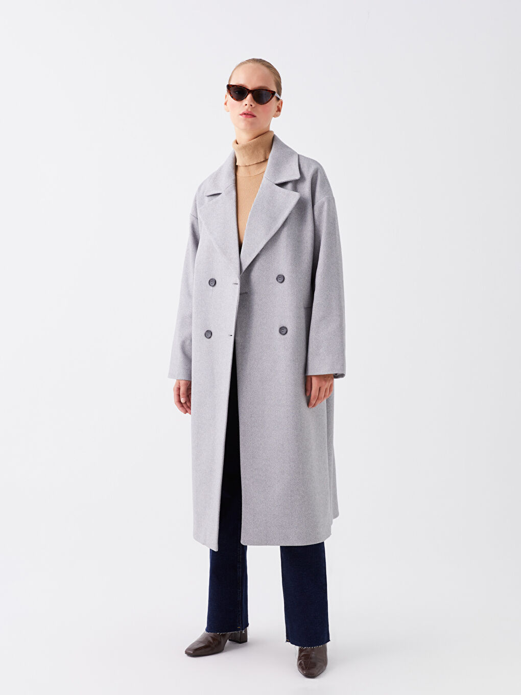 Gri Ceket Yaka Desenli Kadın Kaşe Kaban