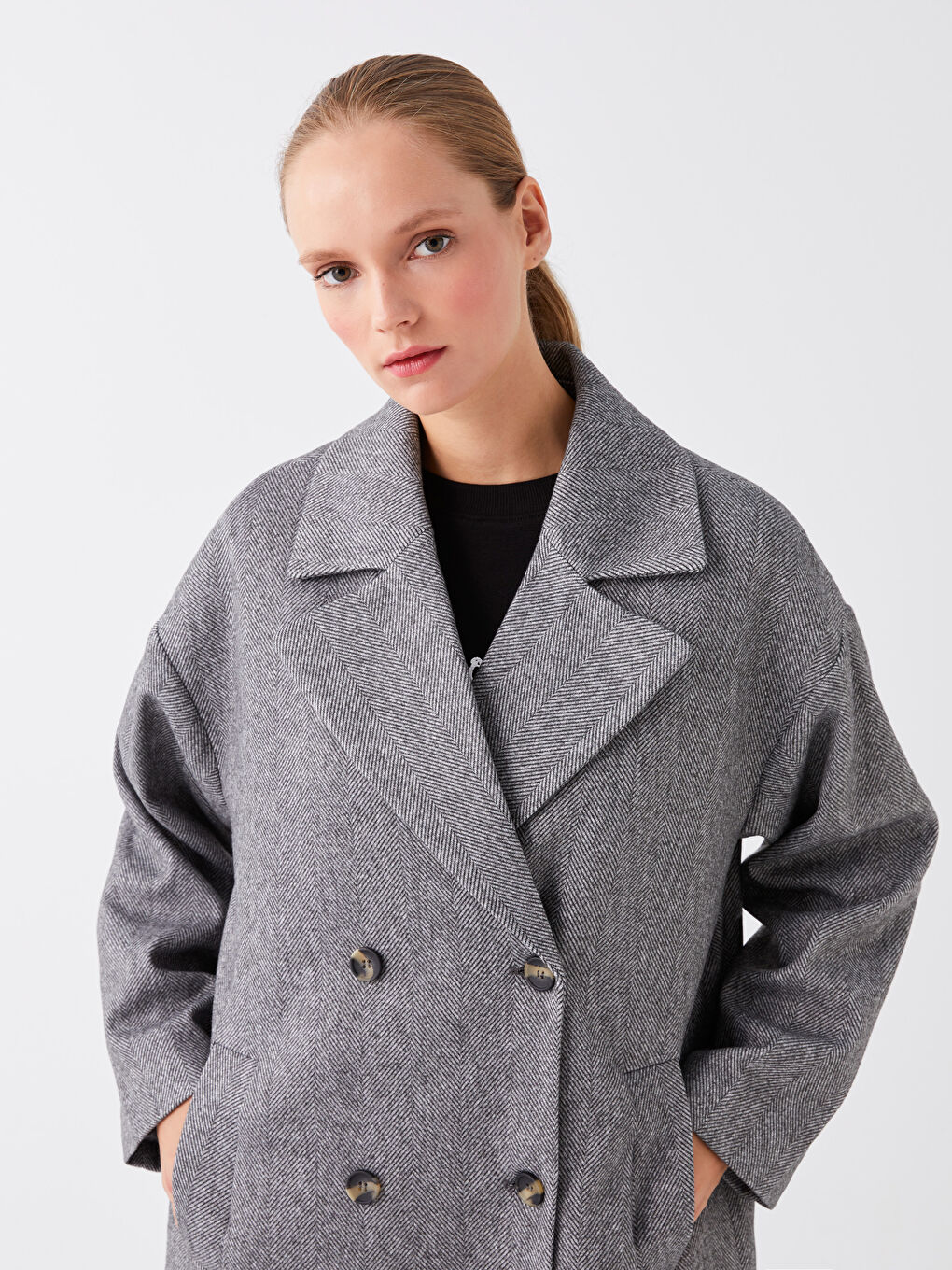 Antrasit Ceket Yaka Desenli Kadın Kaşe Kaban-2