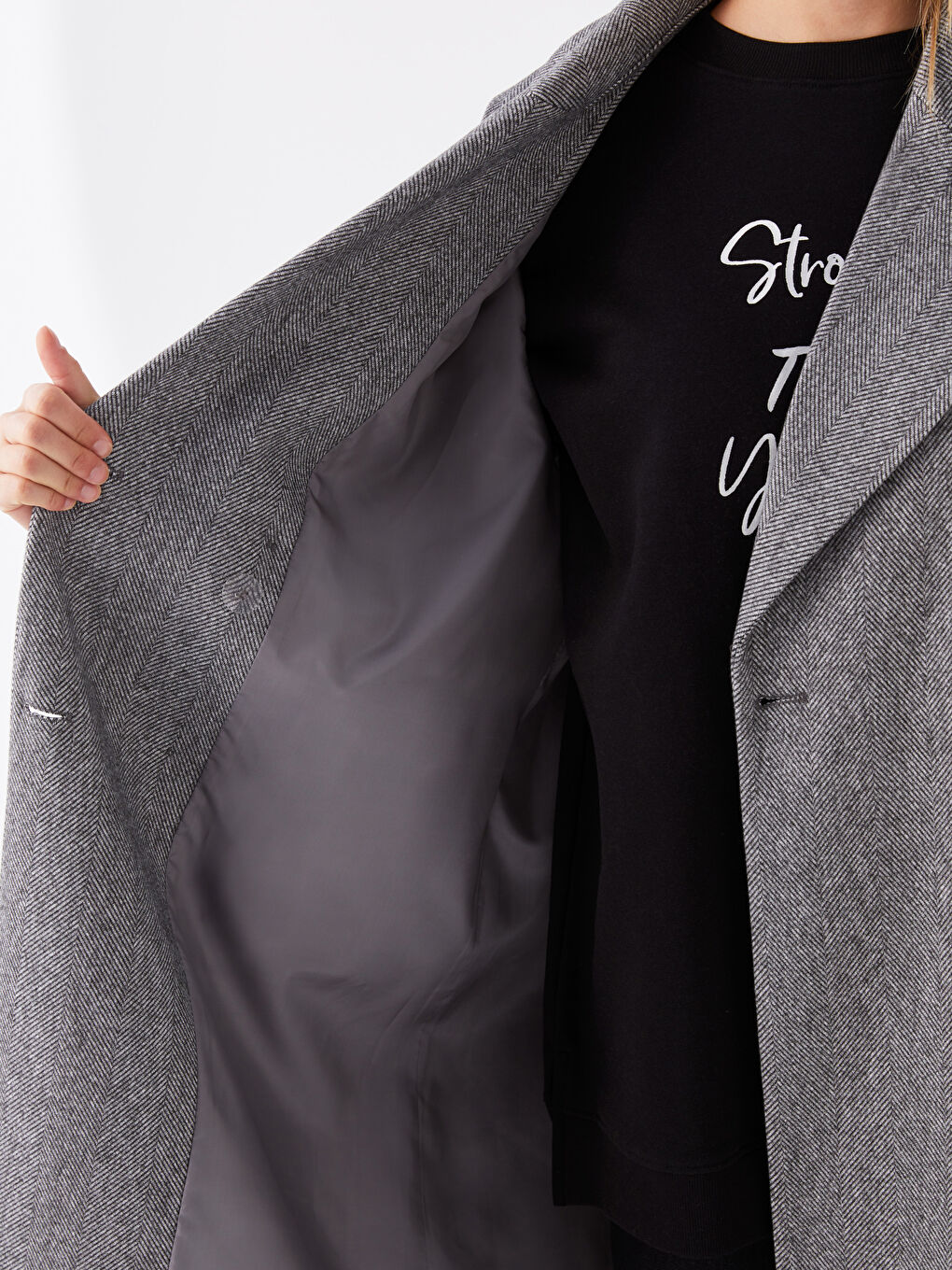 Antrasit Ceket Yaka Desenli Kadın Kaşe Kaban-4