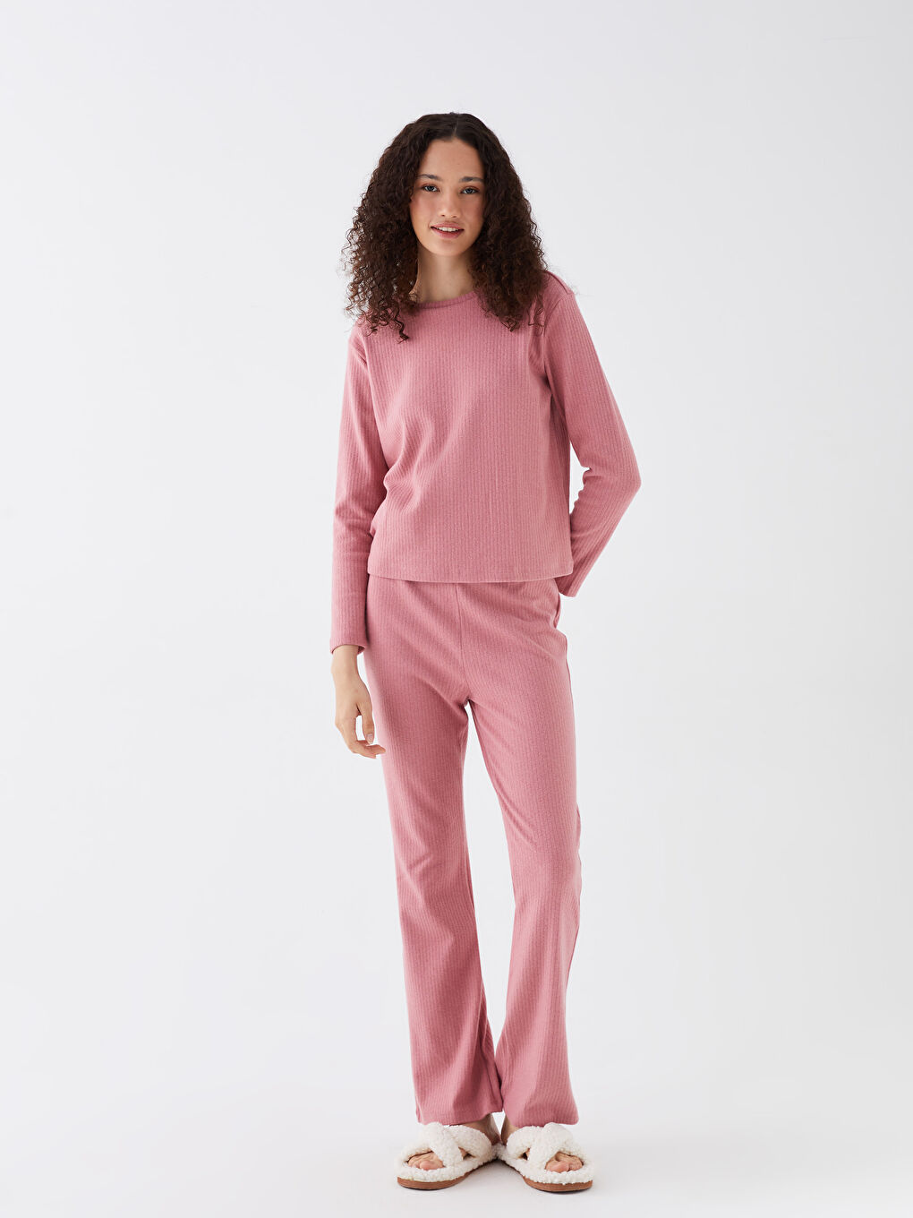 LCW ECO Toz Pembe Bisiklet Yaka Düz Uzun Kollu Kadın Pijama Takımı - 3