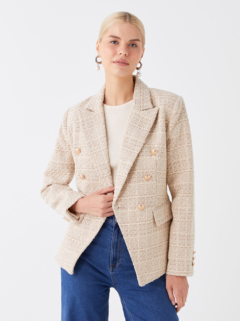 Veste Blazer en Tweed à Manches Longues Écossais pour Femmes