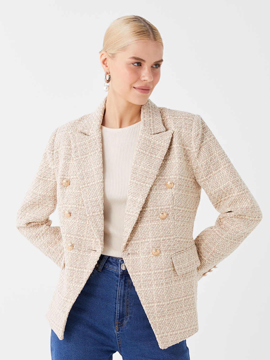 Veste Blazer en Tweed à Manches Longues Écossais pour Femmes-1