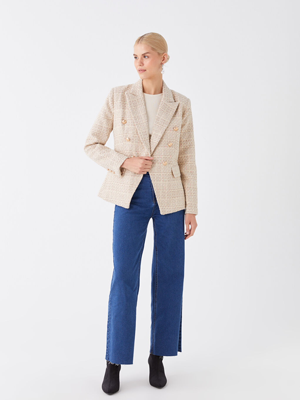 Veste Blazer en Tweed à Manches Longues Écossais pour Femmes-2