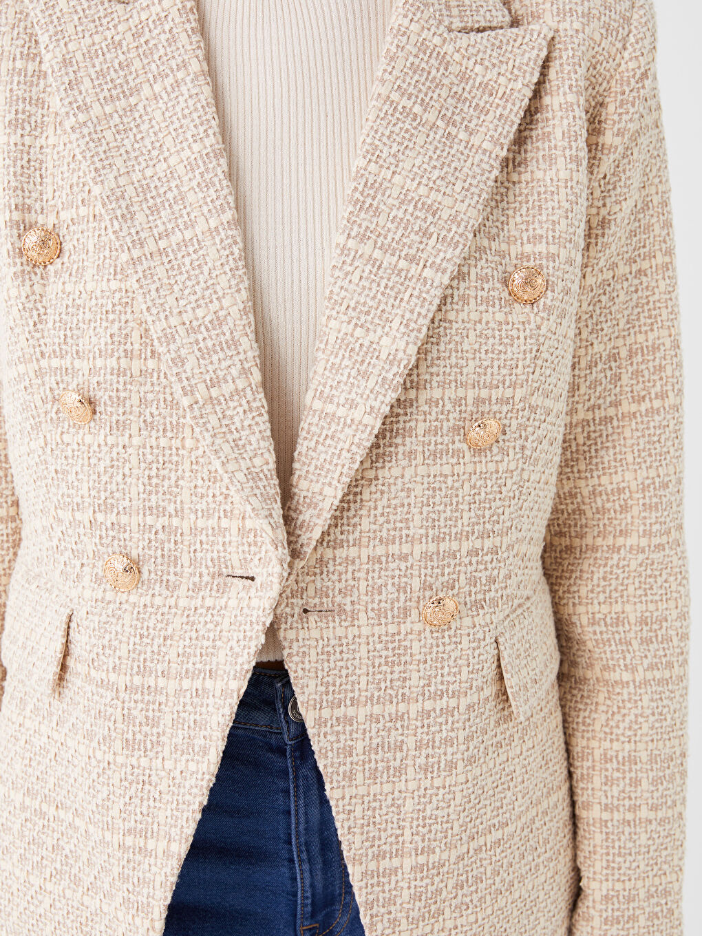 Veste Blazer en Tweed à Manches Longues Écossais pour Femmes-3