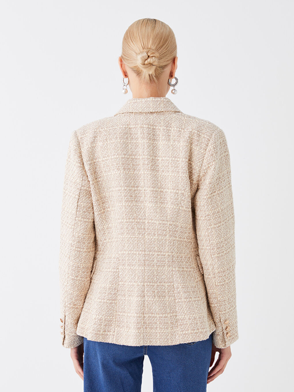 Veste Blazer en Tweed à Manches Longues Écossais pour Femmes-4