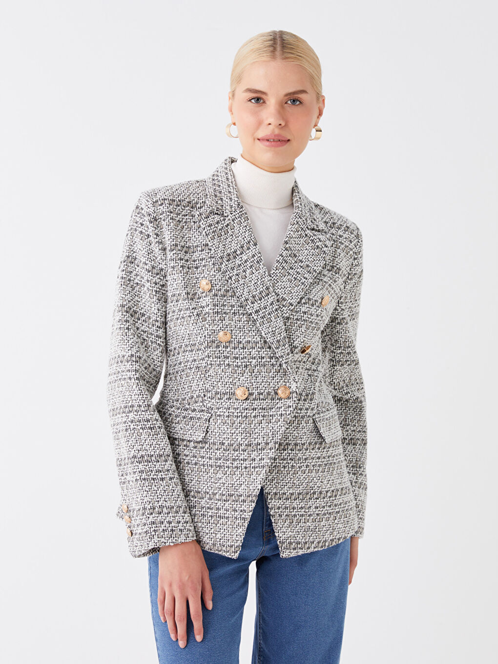 LC Waikiki Plaid Long Sleeve Tweed Women's Blazer Jacket -W3BI81Z8-LKX