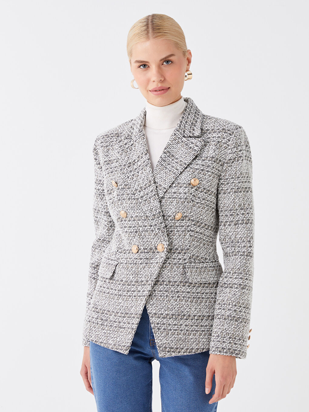 LC Waikiki Plaid Long Sleeve Tweed Women's Blazer Jacket -W3BI81Z8-LKX