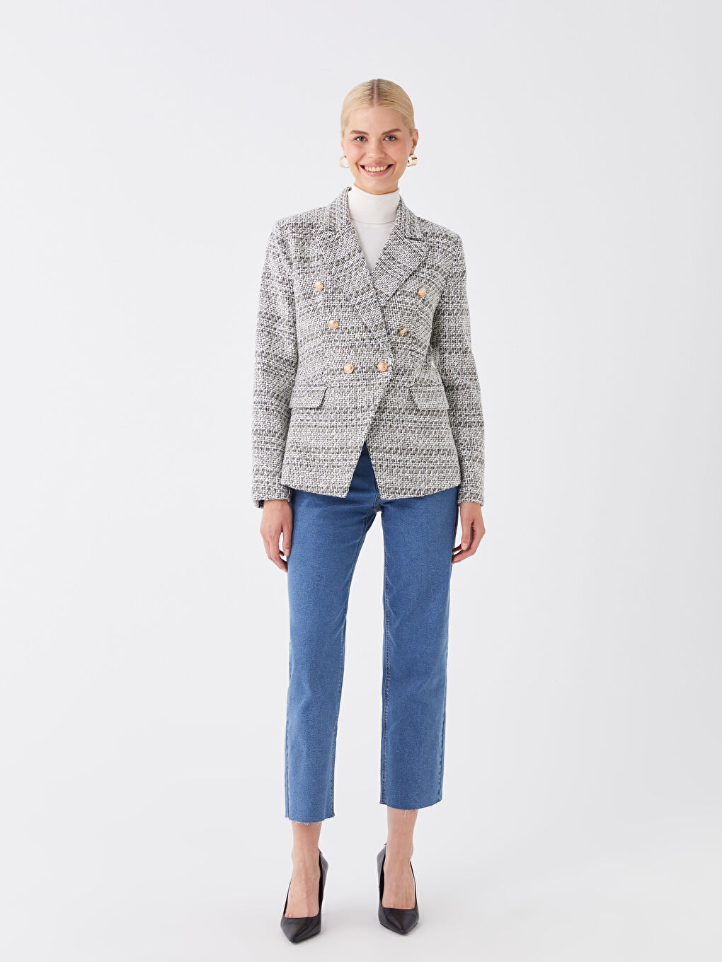 LC Waikiki Plaid Long Sleeve Tweed Women's Blazer Jacket -W3BI81Z8-LKX
